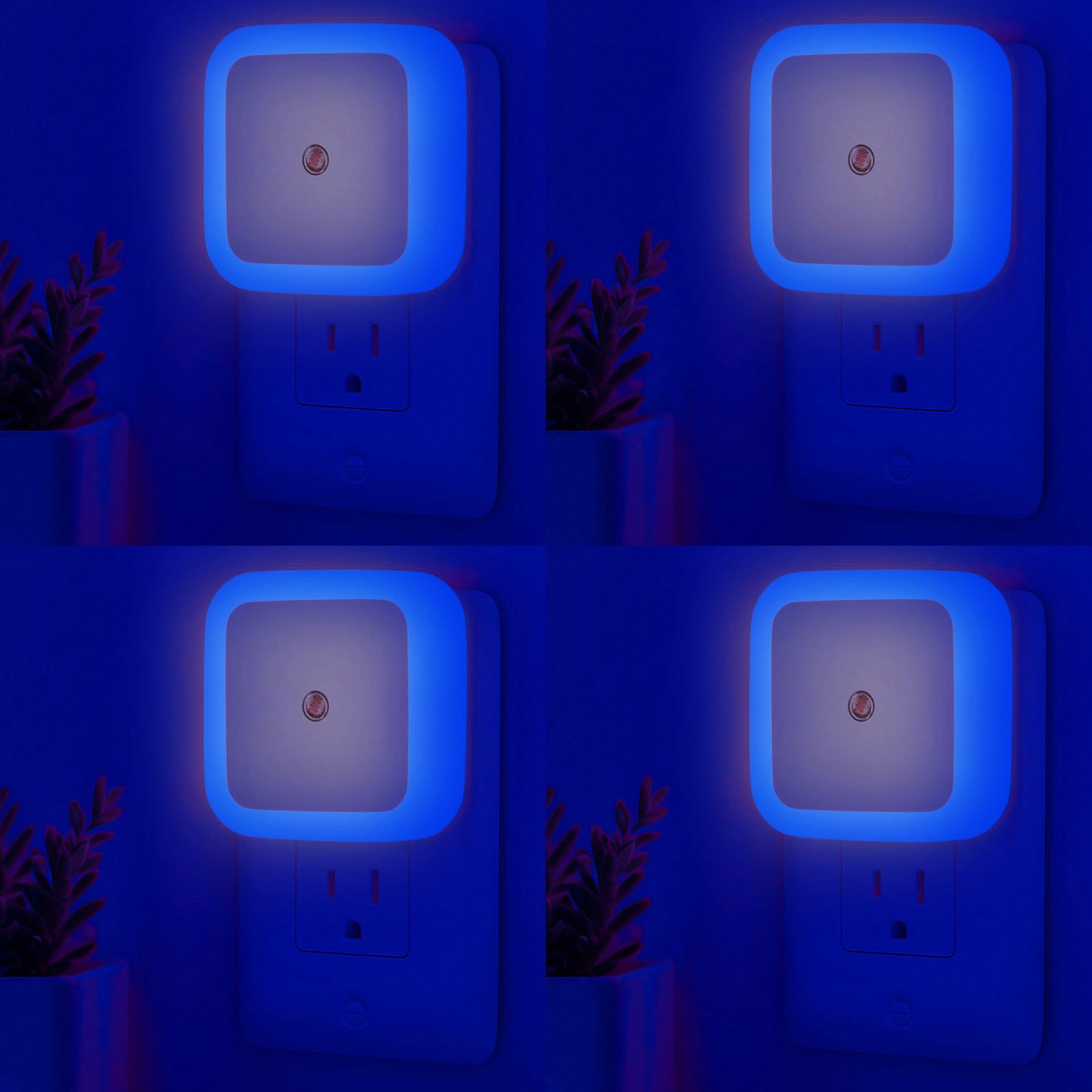 ZEZHOU 4-pack blue plug-in night lights glow softly, guiding steps at night.