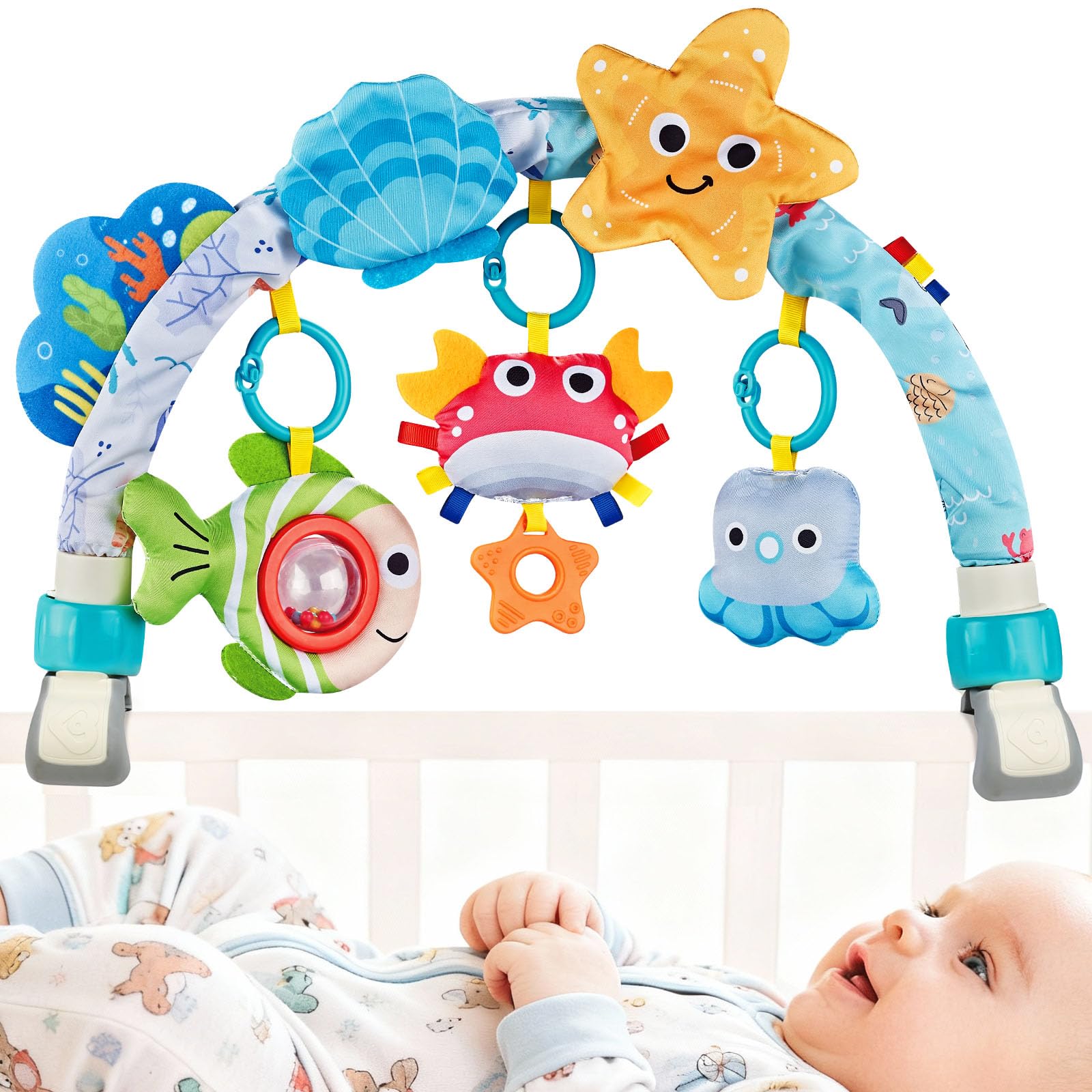 ZFSZSY baby mobile with crib clip featuring starfish and rattle for sensory play.
