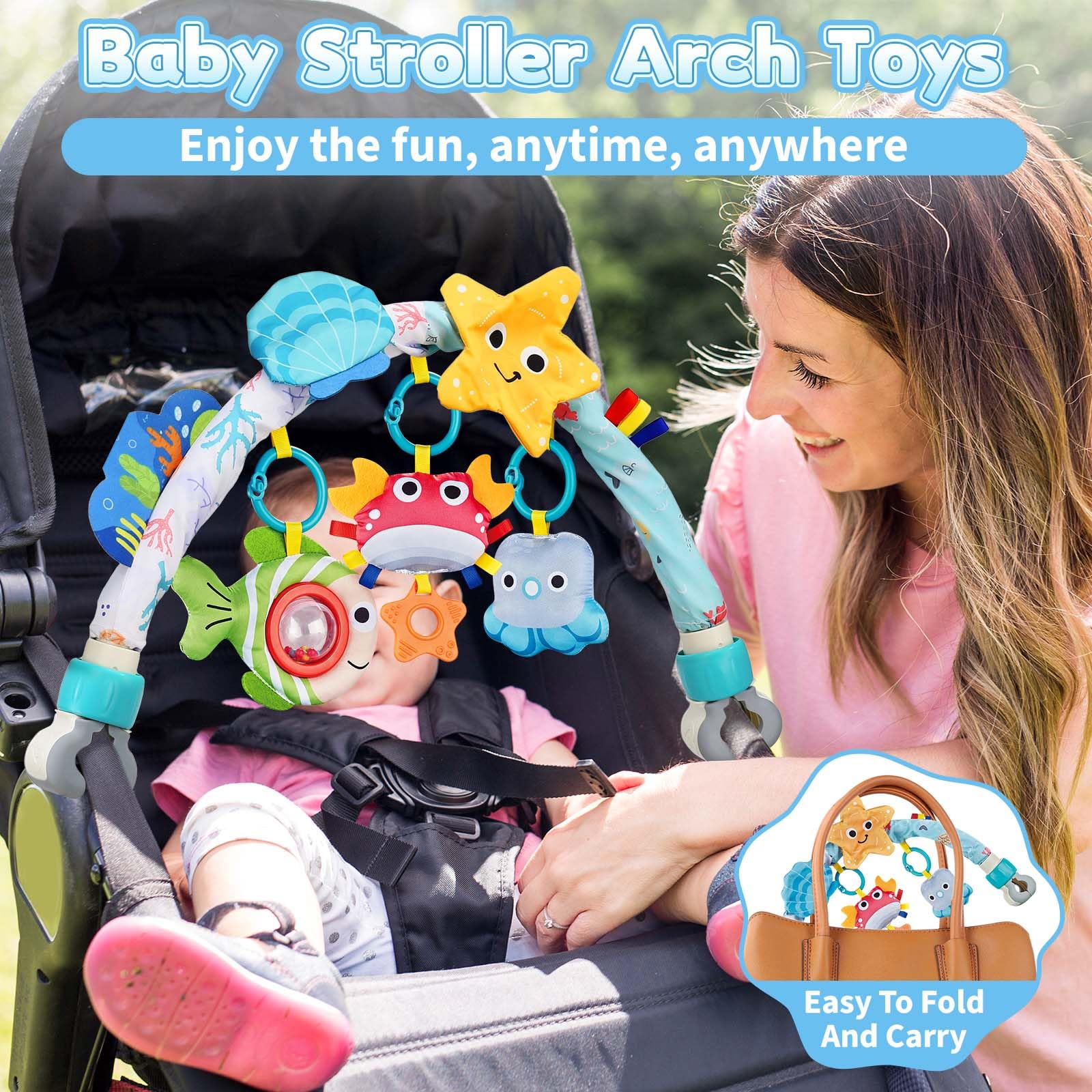 ZFSZSY stroller arch attachment with seashell and fish figures for on-the-go engagement.