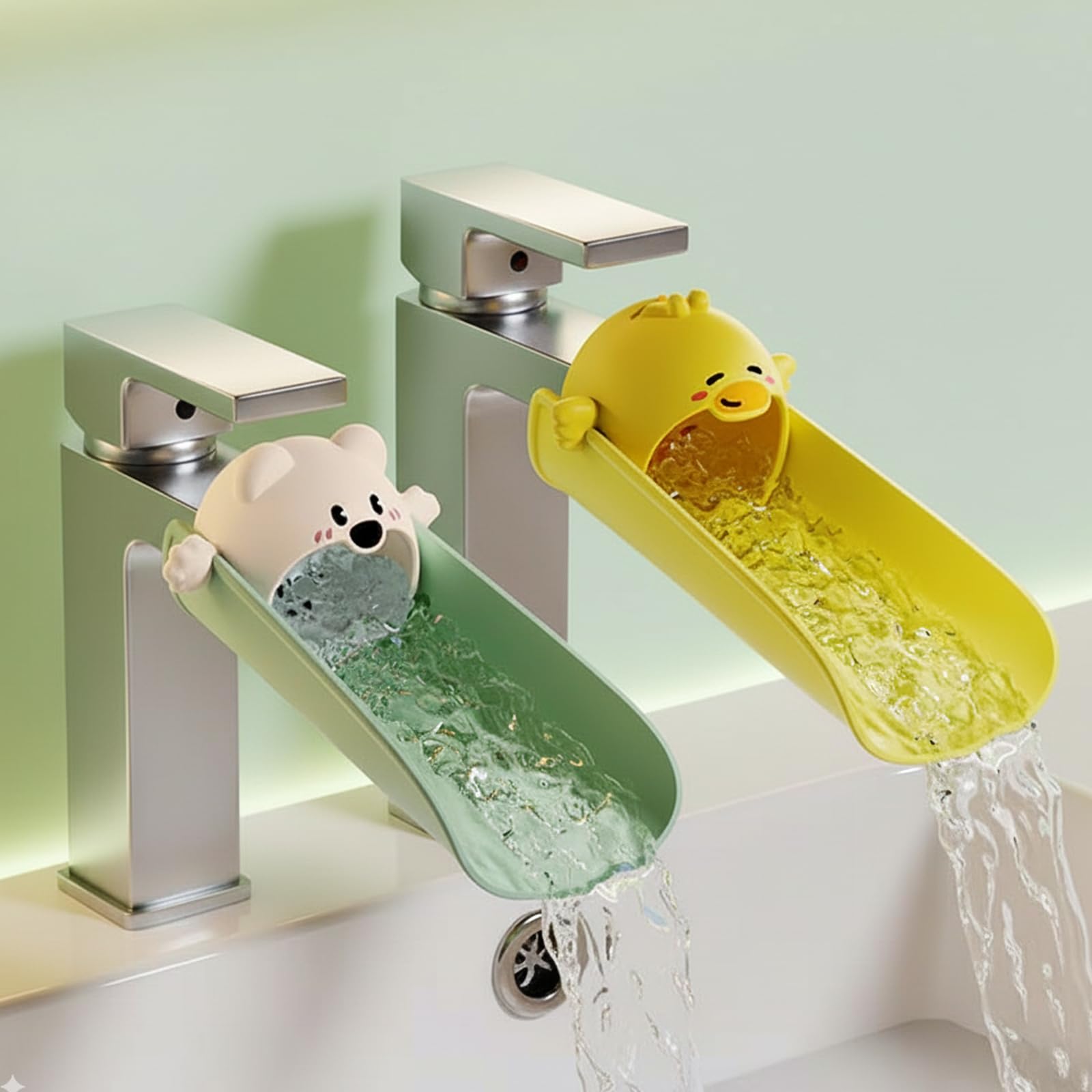 ZHLKHIOP yellow toddler faucet extender boosts reach for independent handwashing.