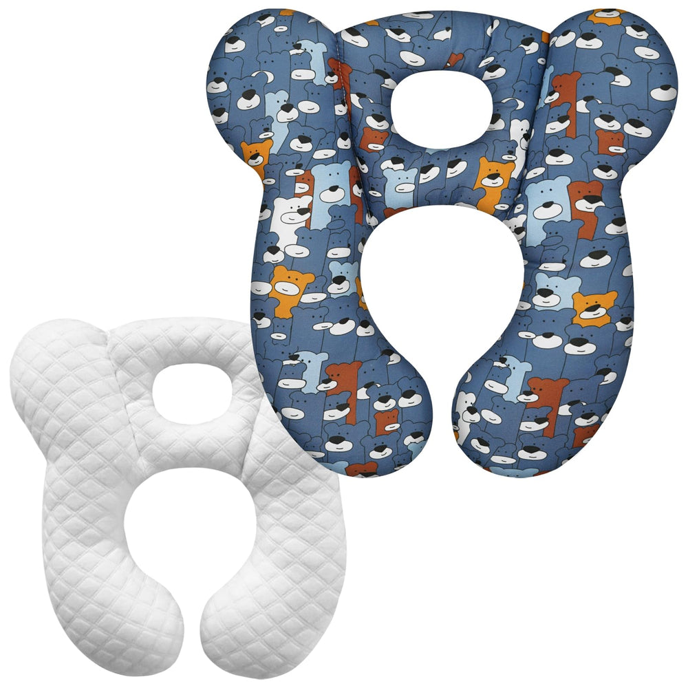 ZHOMA baby travel pillow with blue bear pattern offers cozy support in car seats.