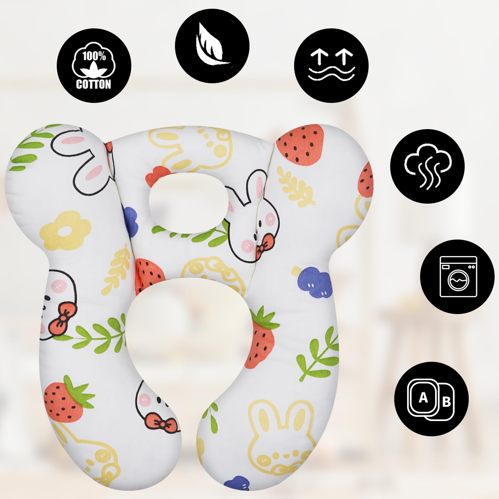 ZHOMA travel pillow on stroller, strawberry-white, keeps little sleepers cozy during strolls.