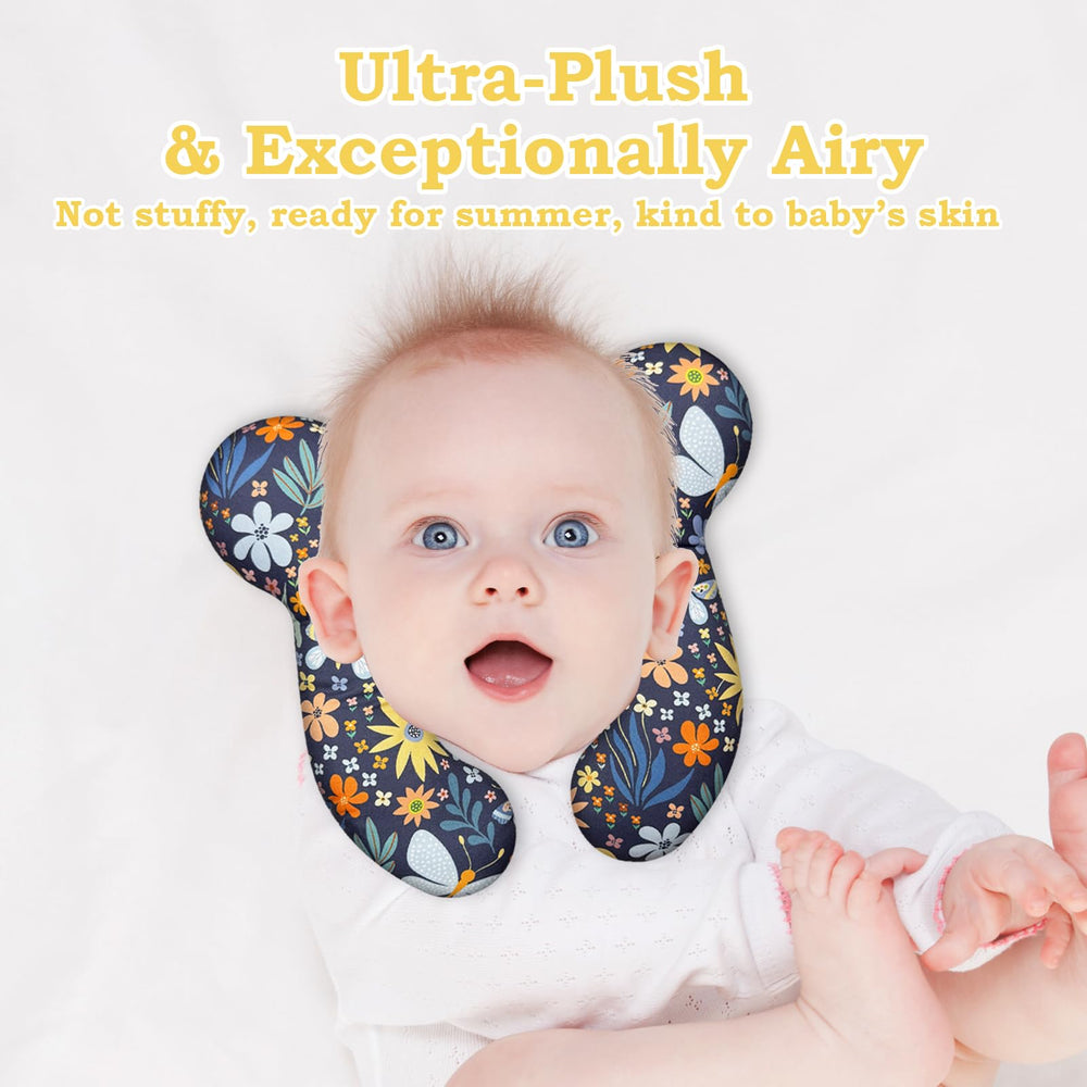 ZHOMA infant neck support pillow Flower 1 in stroller use demonstrates portability.
