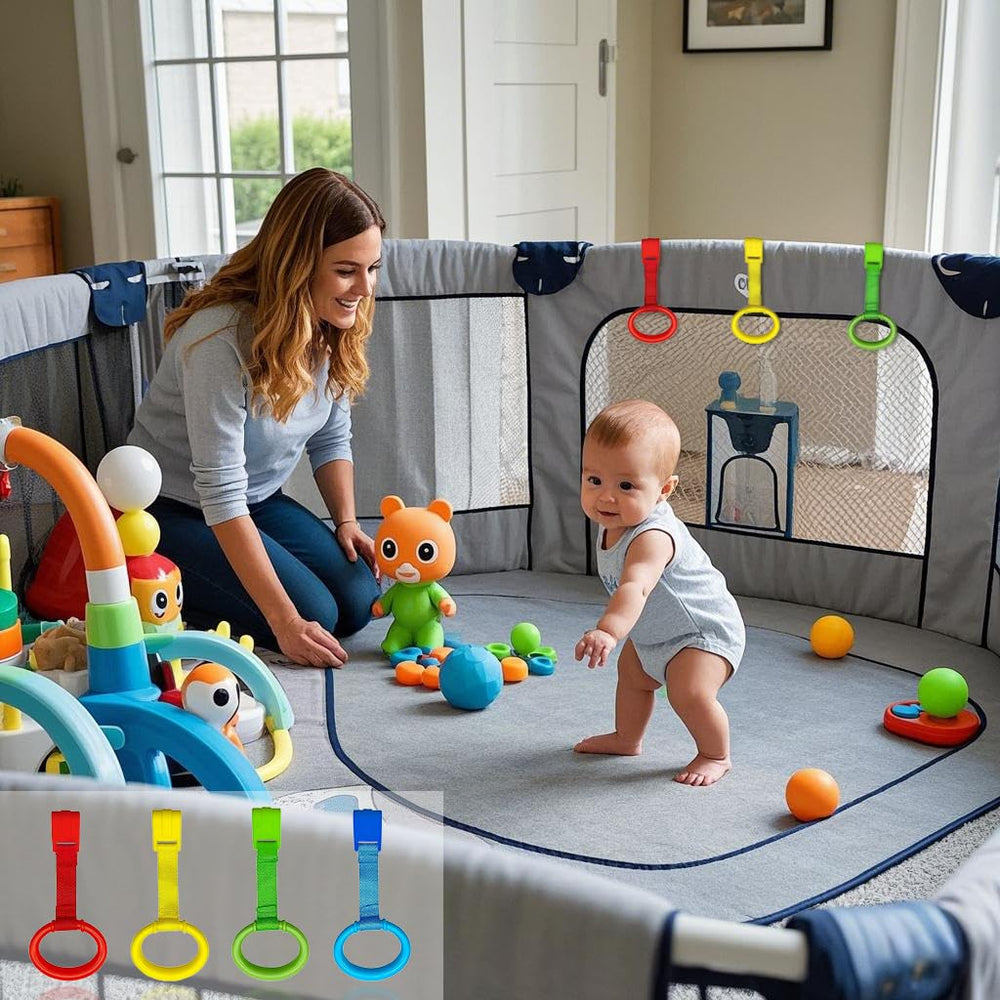 Zhongyifan rings hung on playpen edge to aid standing practice
