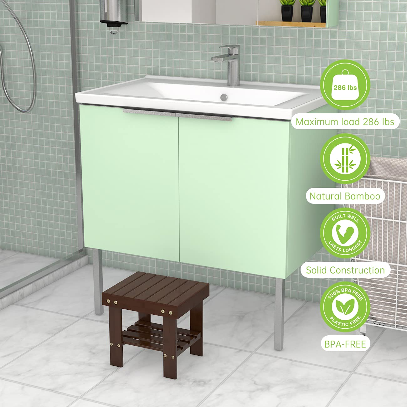 Zhuoyue wooden step stool in shower provides a stable footrest for grooming routines.