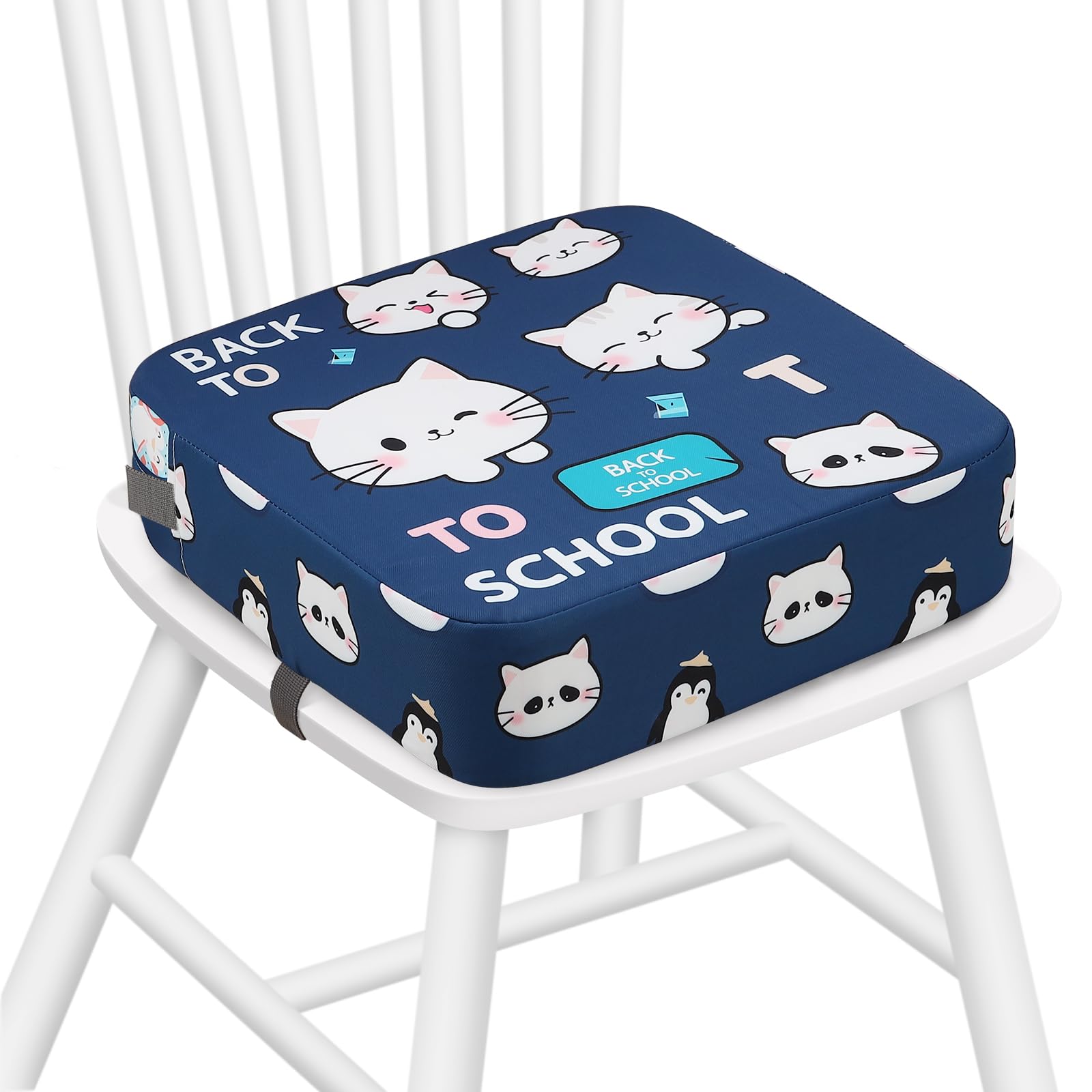Zicac portable seat cushion blue cat design, front view, ideal for dining with toddlers.