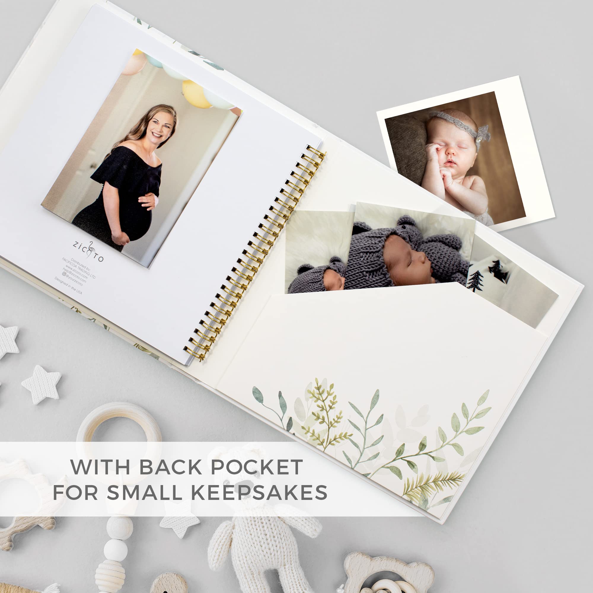 ZICOTO back pocket for keepsakes like hospital bands and drawings.