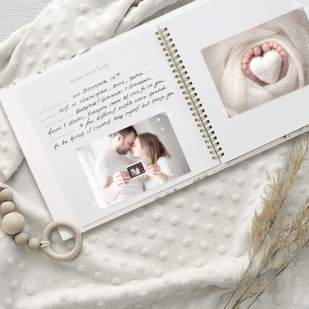ZICOTO baby memory book interior layout guiding milestones and memories.
