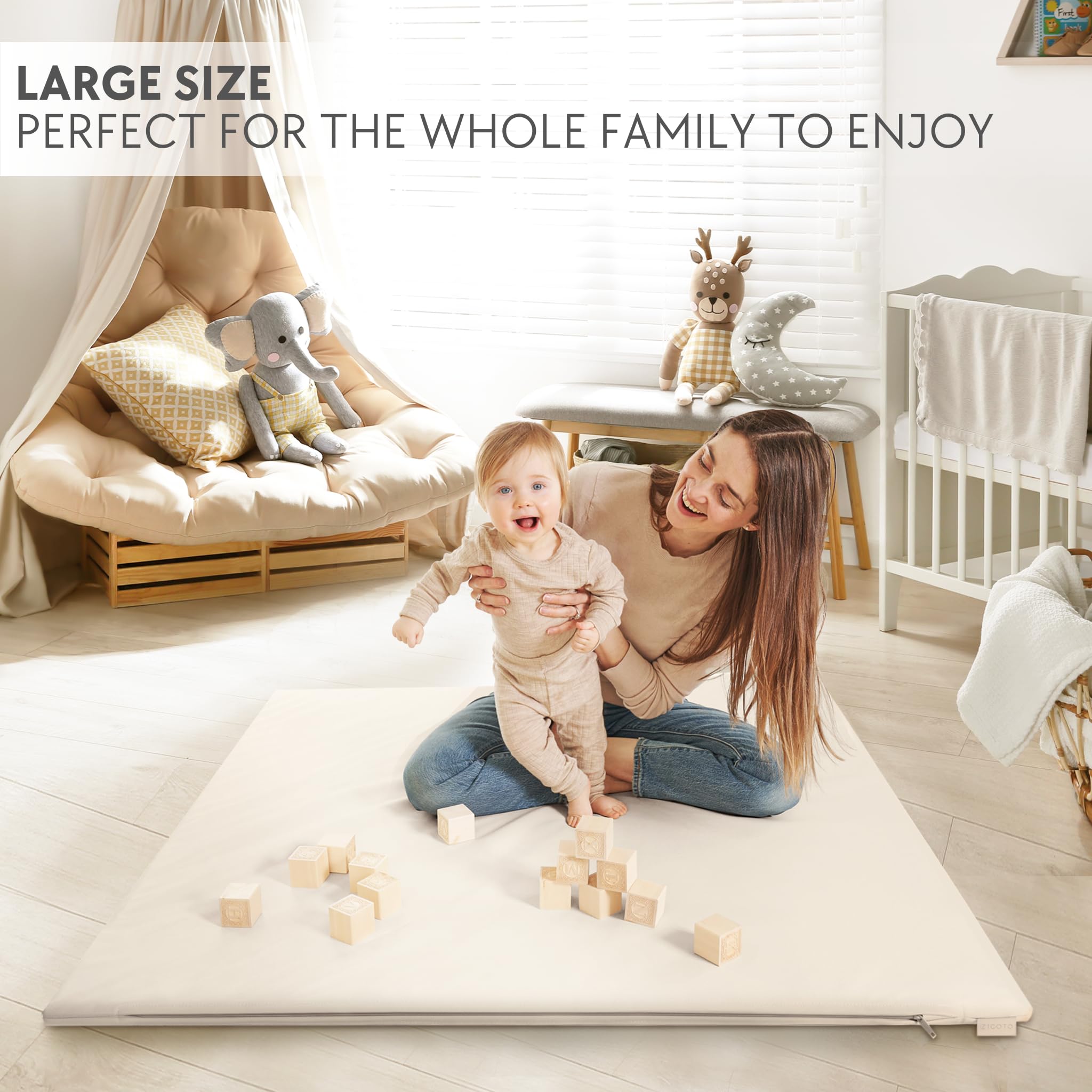 ZICOTO 48x48 inch play mat offers ample crawling space.