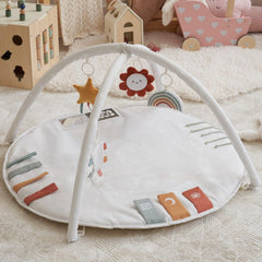 ZICOTO beautiful baby play gym with 4 toys supports sensory exploration.