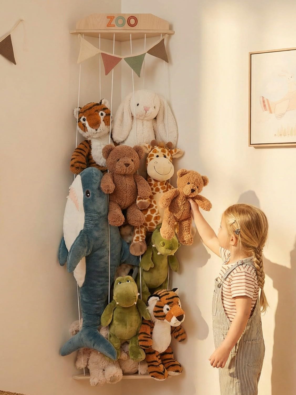 ZICOTO corner storage unit in action saves space and keeps plush toys organized.
