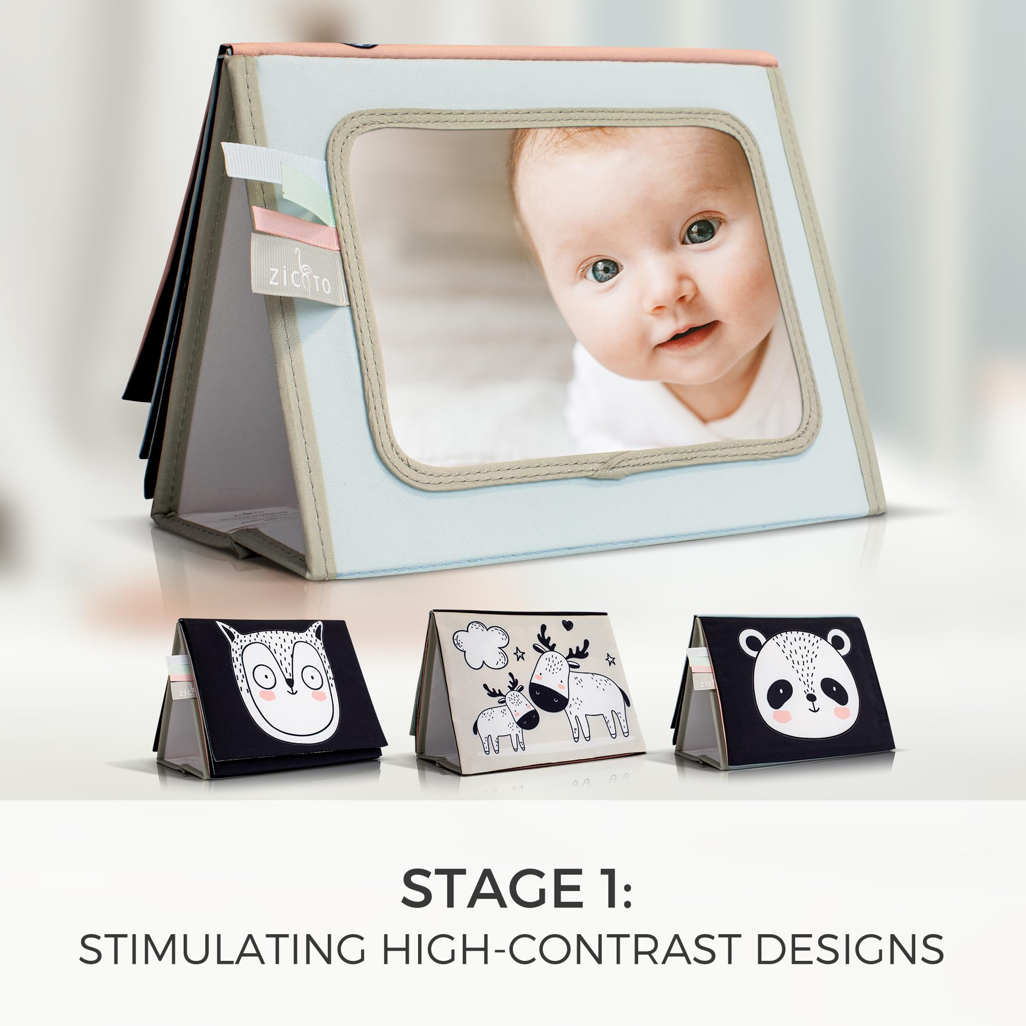 ZICOTO double-sided tummy time book for two developmental stages.