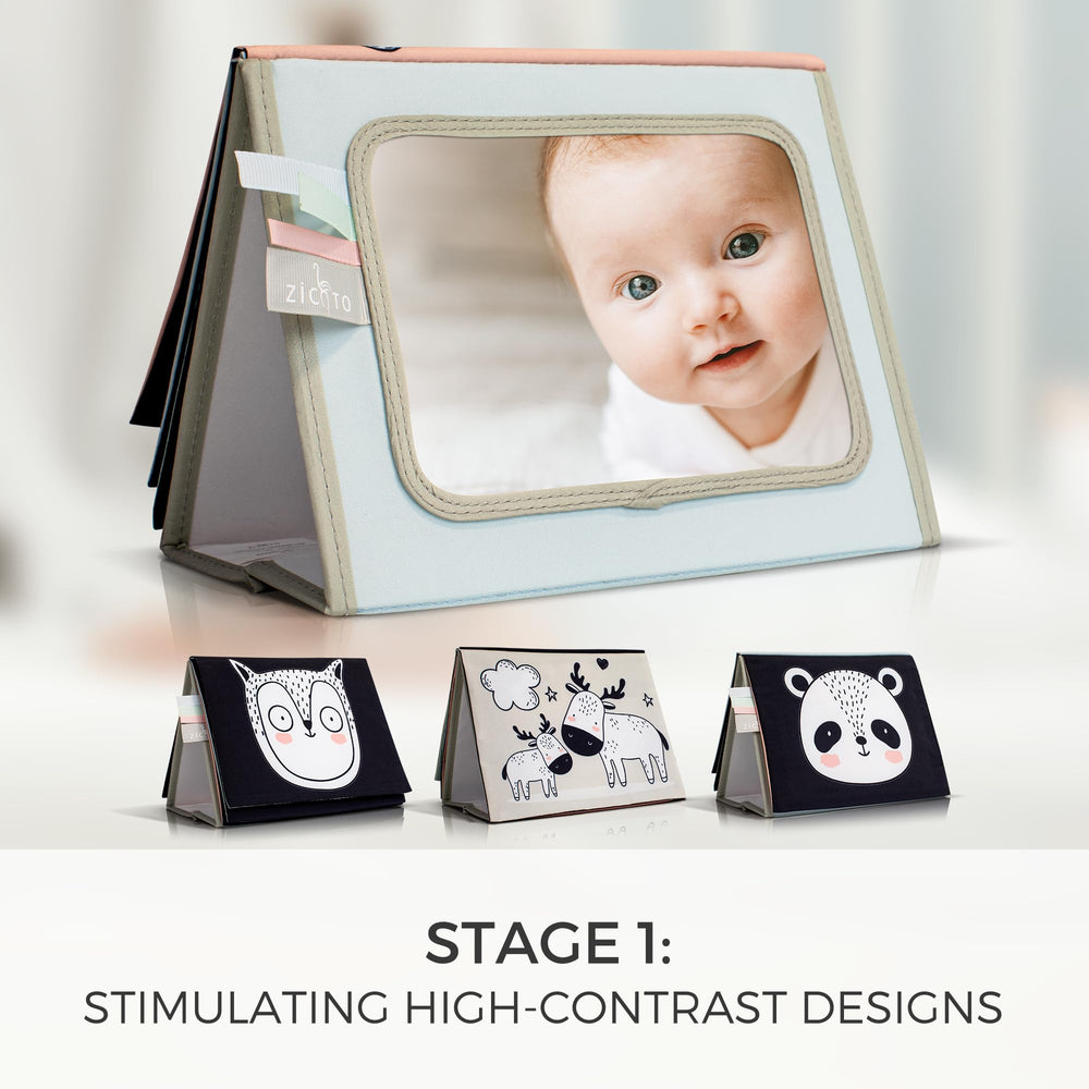 ZICOTO double-sided tummy time book for two developmental stages.