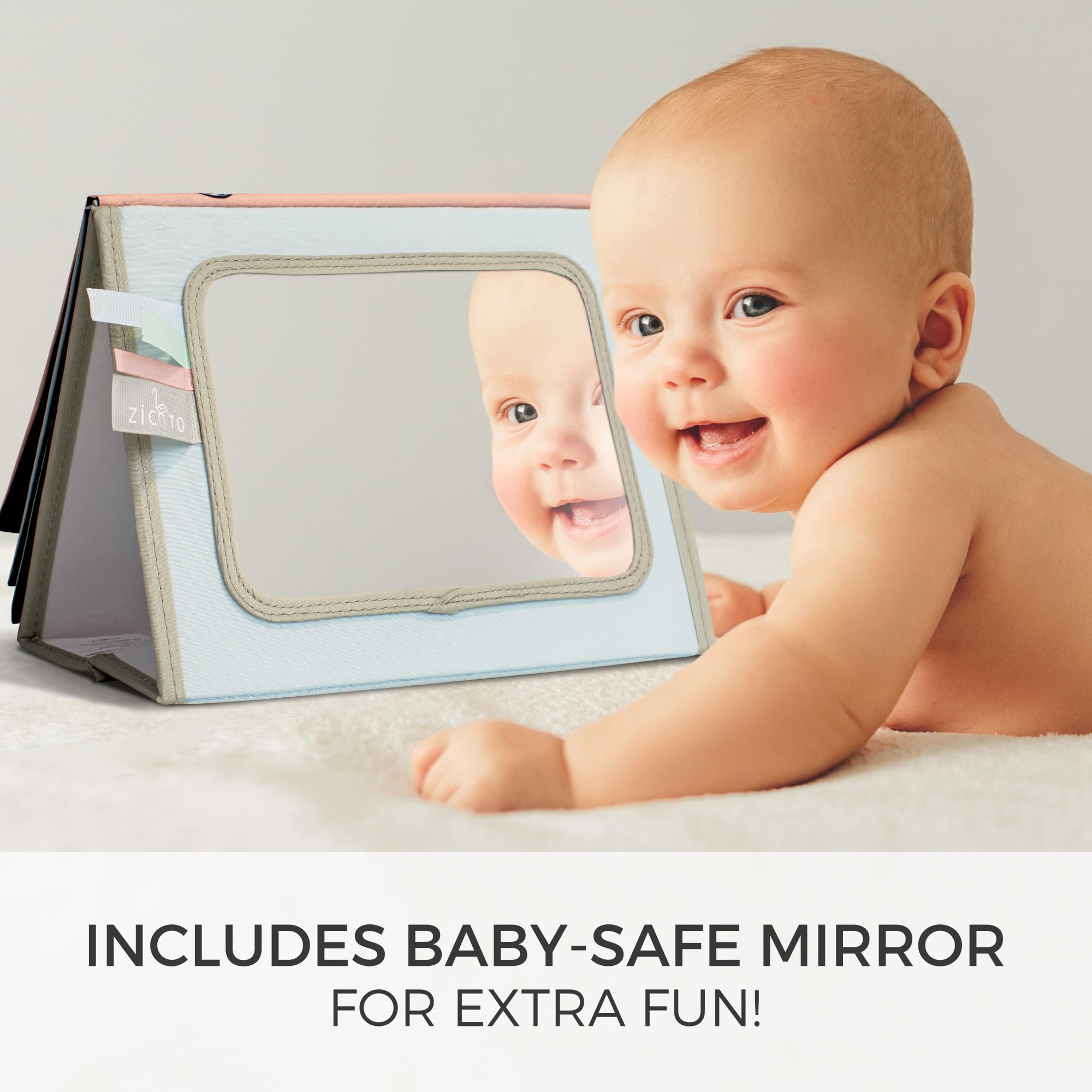 ZICOTO high-contrast colors stimulate visual tracking during tummy time.