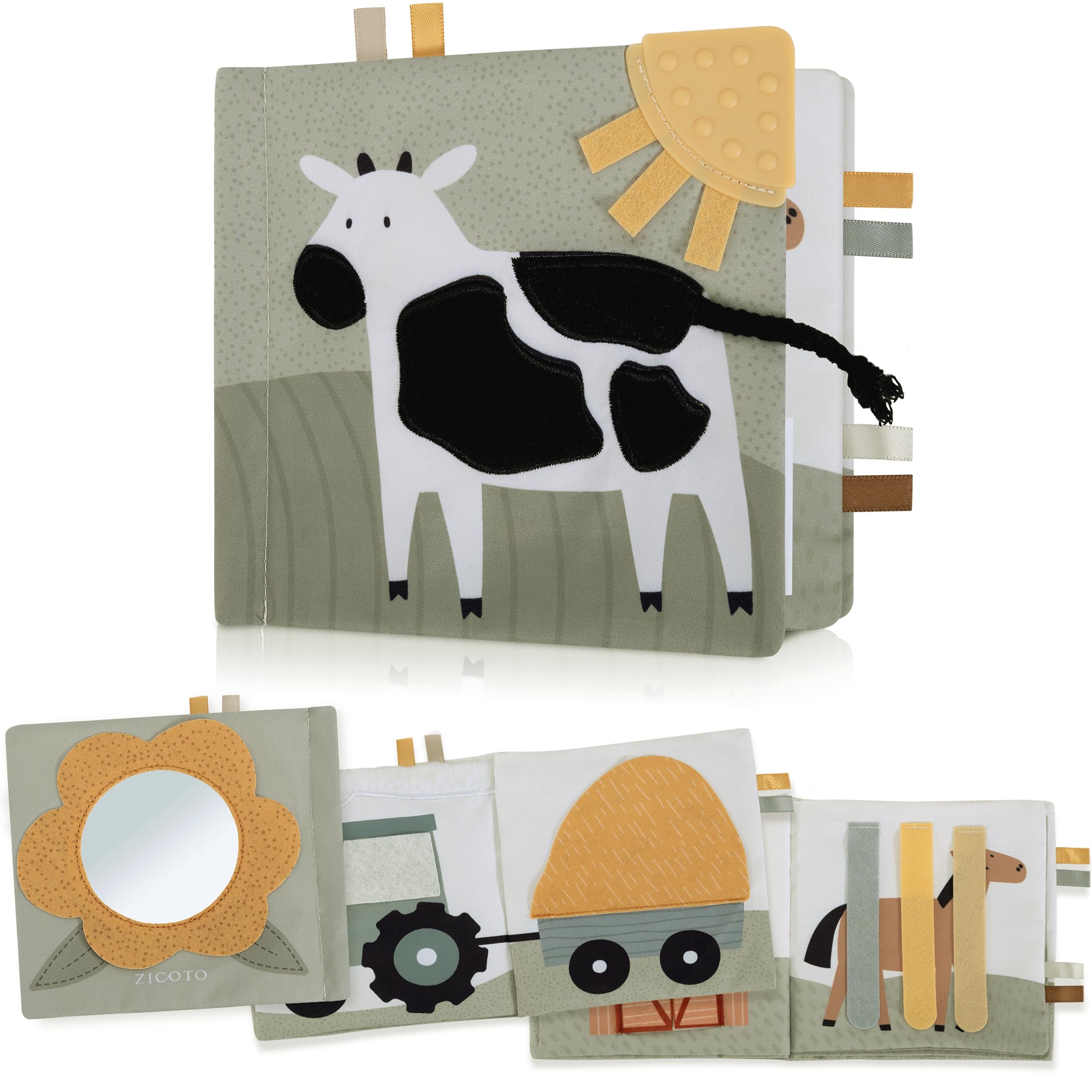 ZICOTO soft baby book with farm animals page for sensory exploration.