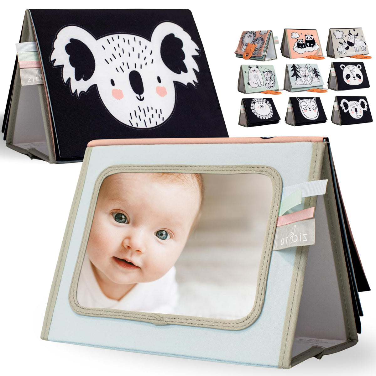ZICOTO soft tummy time book with mirror aids early focus during play.