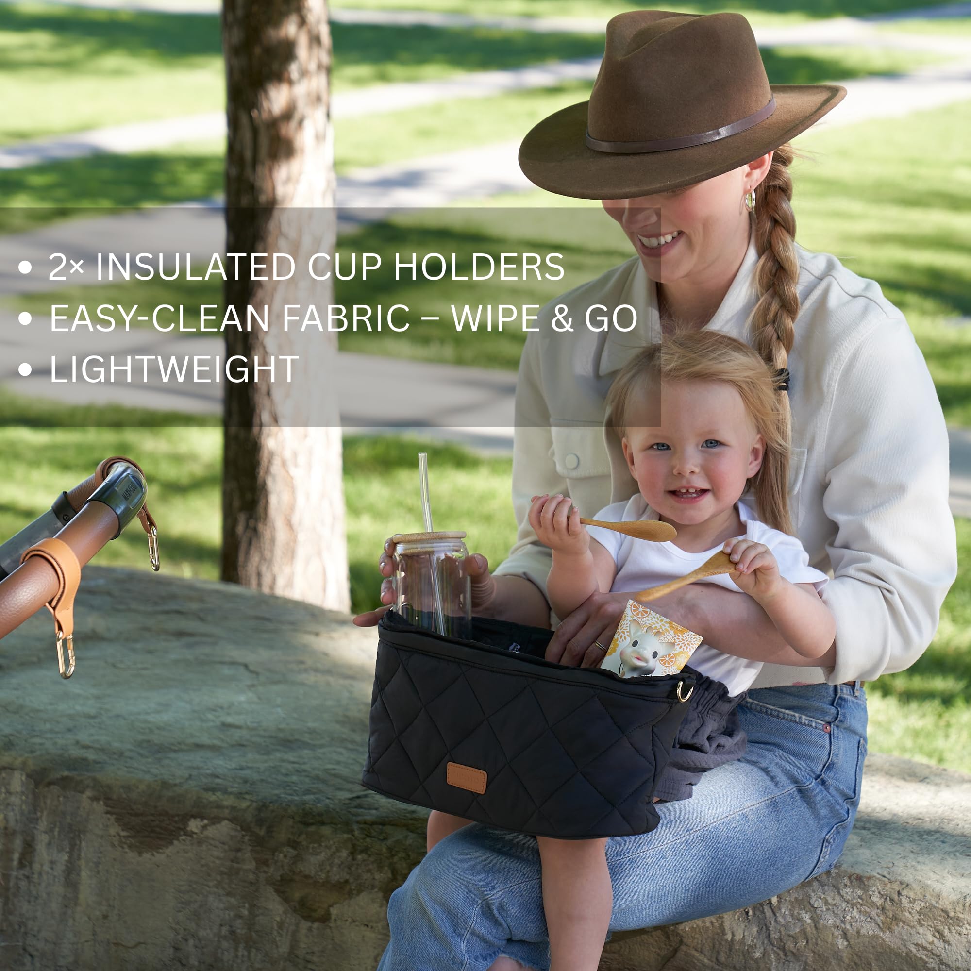 Stroller hook-and-loop attachment for quick, secure setup.