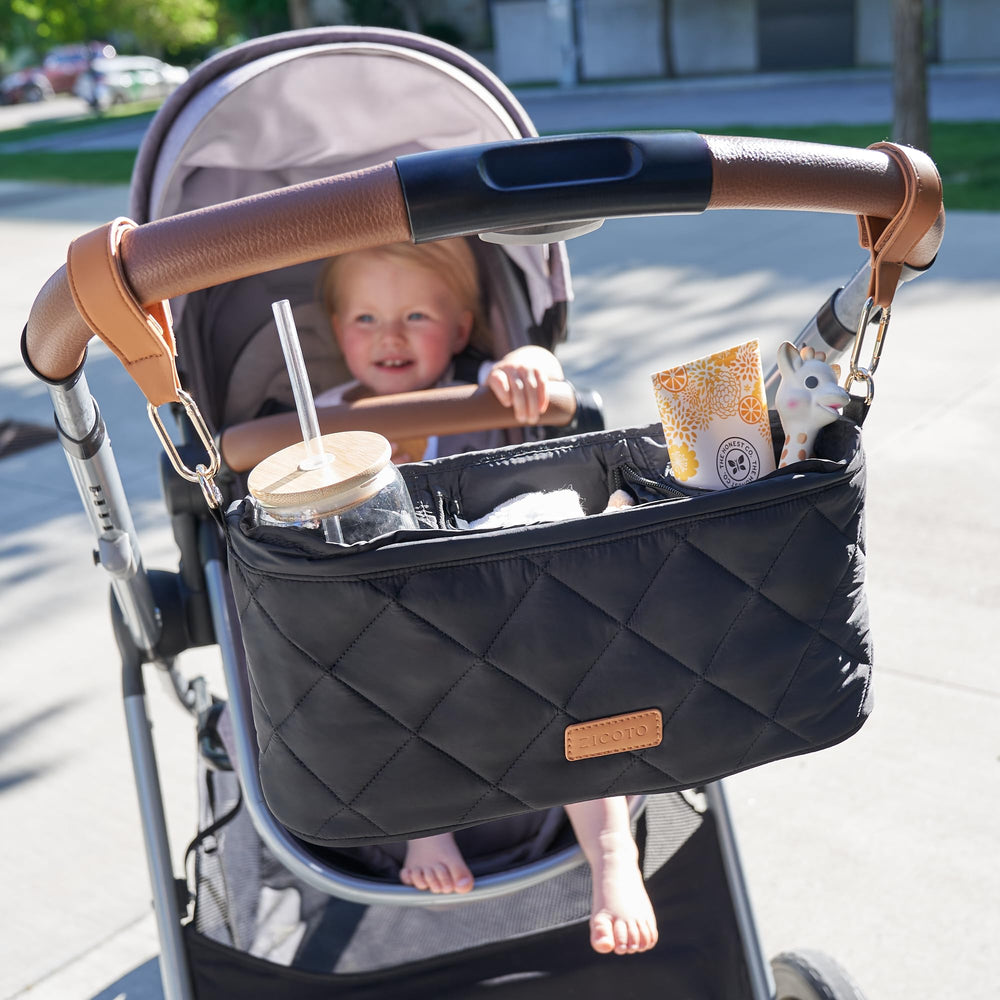 ZICOTO universal-fit organizer mounted on a stroller for tidy outings.