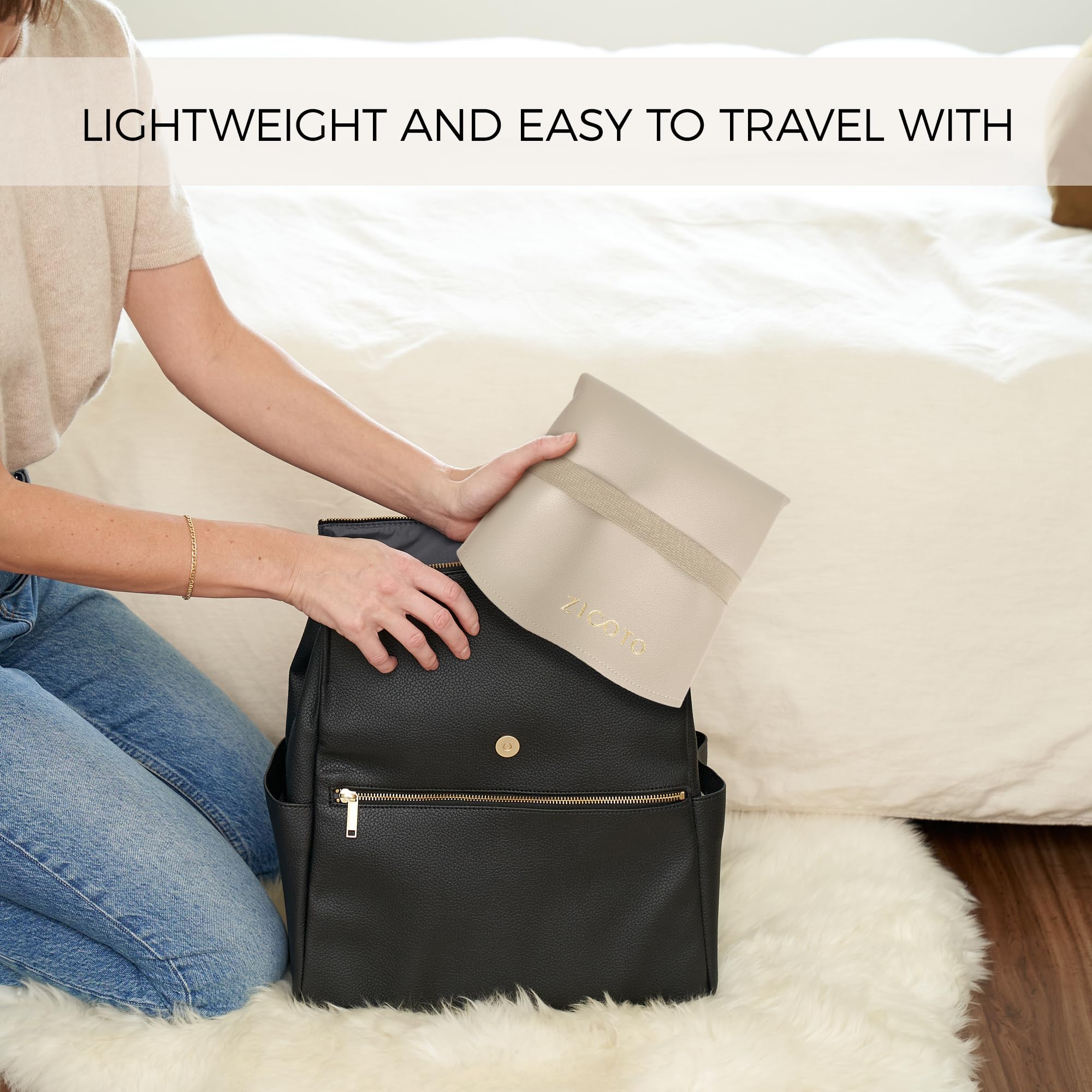 ZICOTO waterproof vegan leather changing pad—durable, easy to wipe clean during travels.