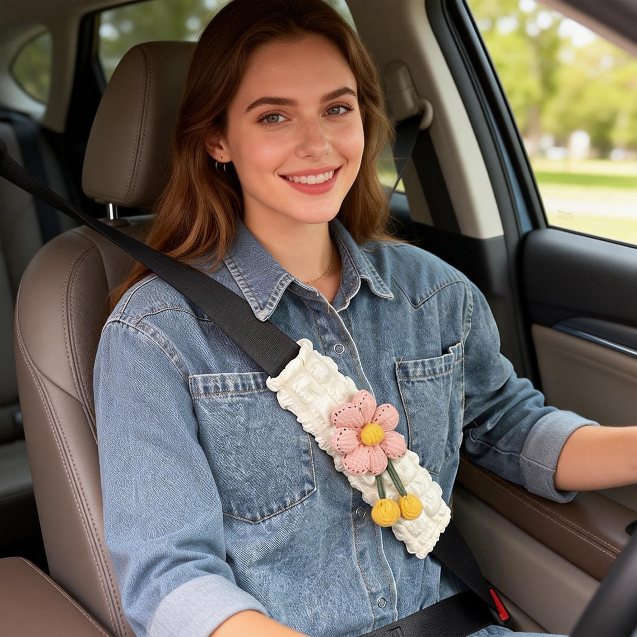 Zigihos pink flower car strap pad eases shoulder fatigue.