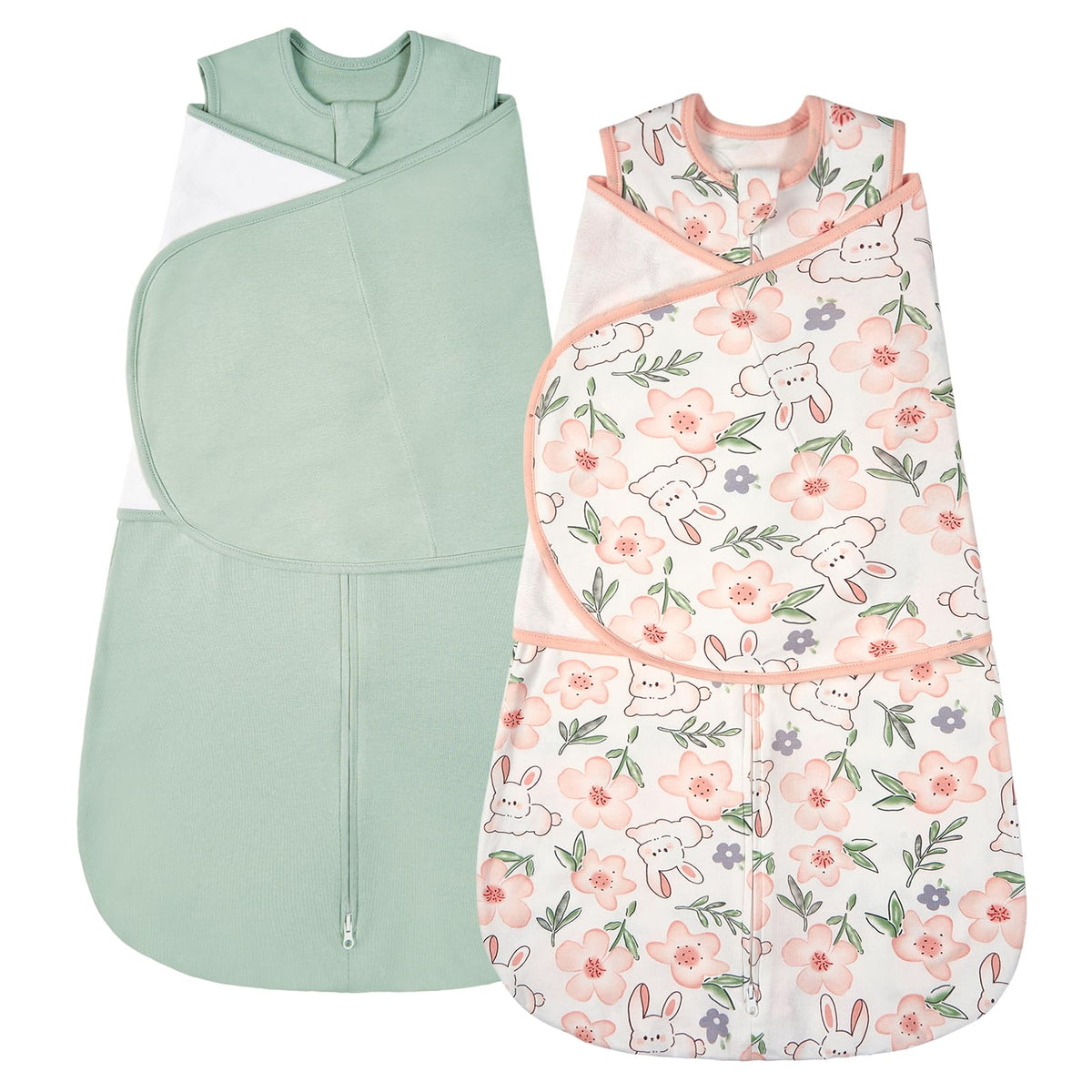 ZIGJOY baby swaddle sleep sack in green rabbit flower for gentle, breathable comfort.