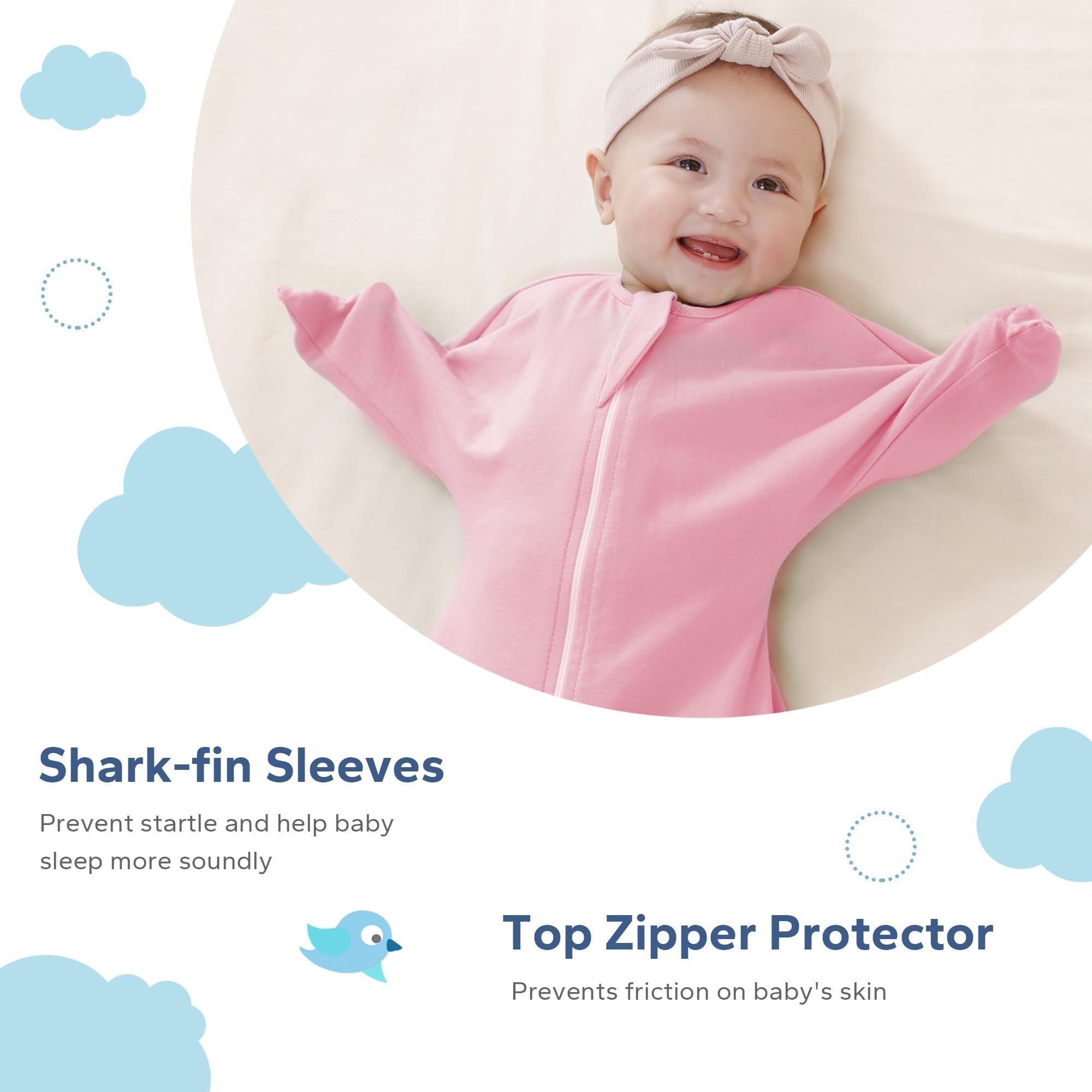 ZIGJOY Shark-Fin Transition Swaddle 2-way zipper closeup for easy diaper changes.