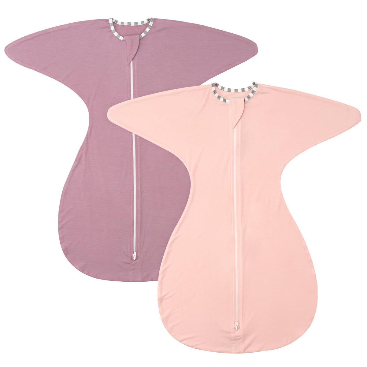 ZIGJOY Shark-Fin Transition Swaddle arms-up two-piece set in pink and purple for secure comfort.