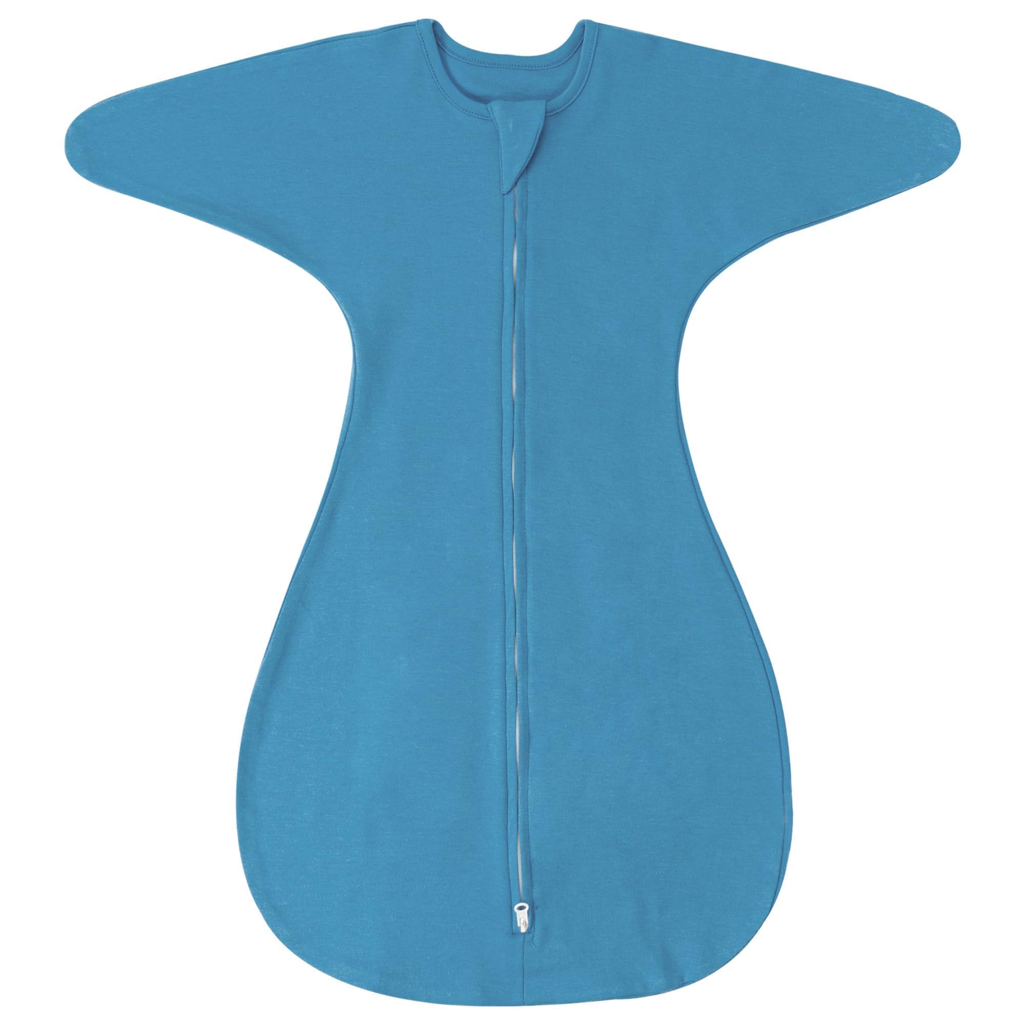 ZIGJOY Shark-Fin transition swaddle blue front view for cozy all-season sleep.