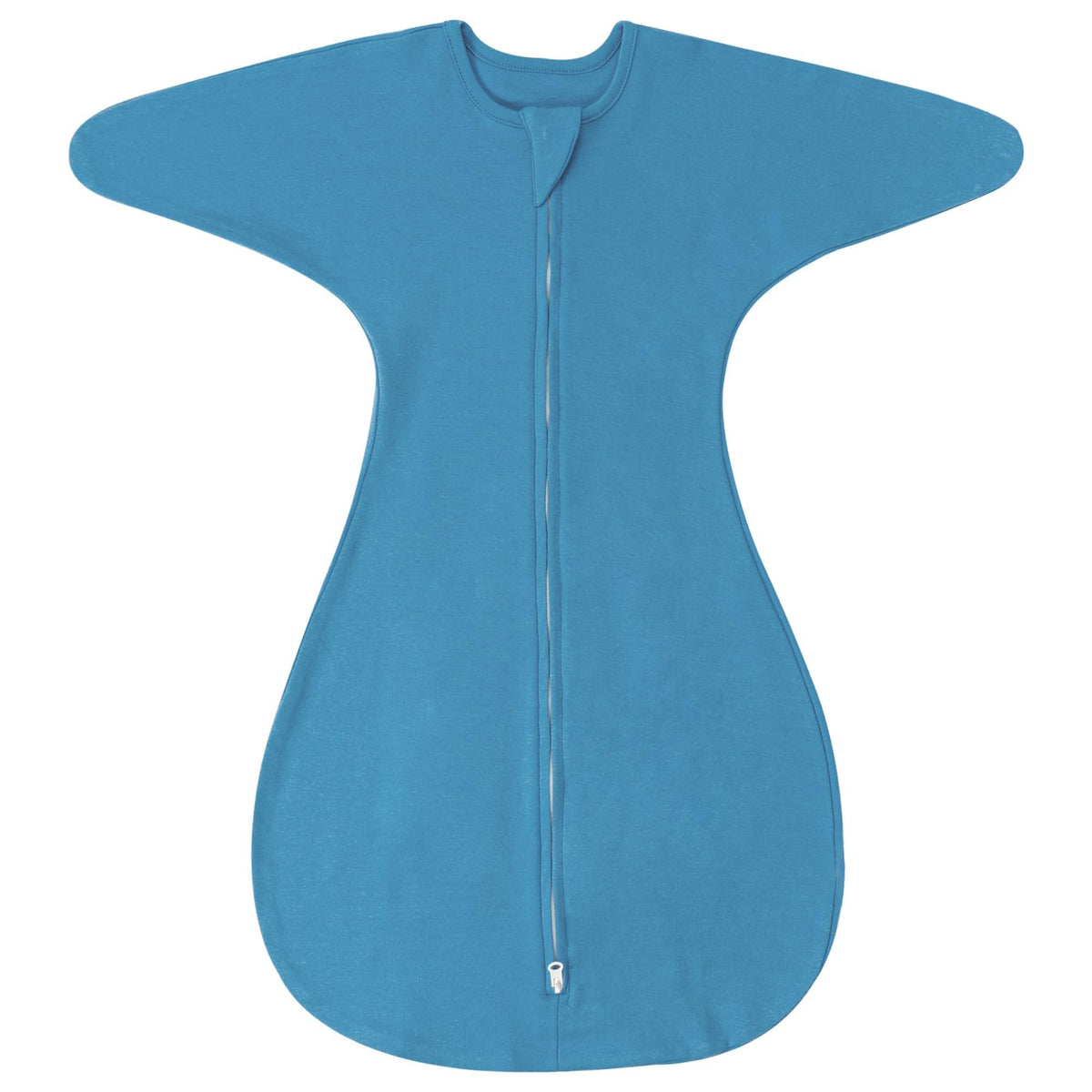 ZIGJOY Shark-Fin transition swaddle blue front view for cozy all-season sleep.
