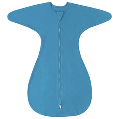 ZIGJOY Shark-Fin transition swaddle blue front view for cozy all-season sleep.