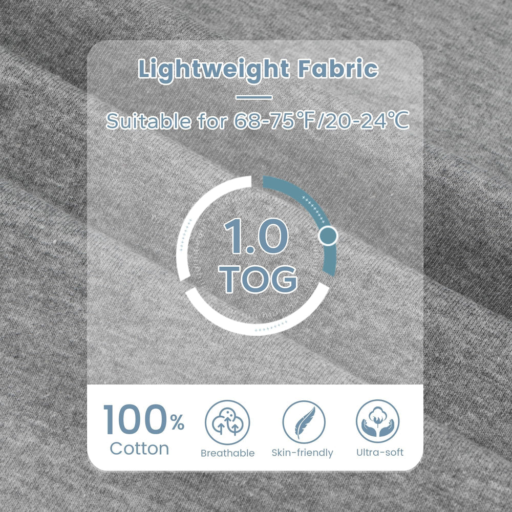 ZIGJOY Shark-Fin Transition Swaddle in light grey fabric for year-round comfort.