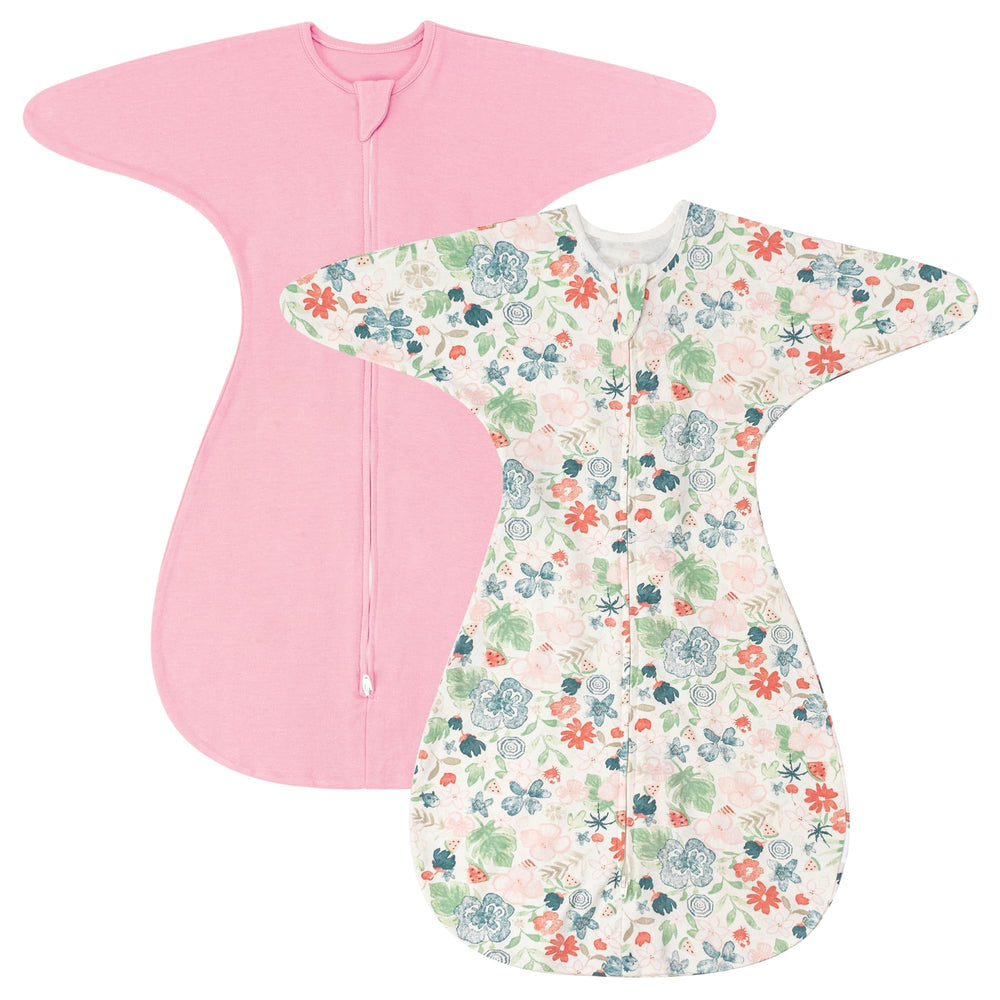 ZIGJOY Shark-Fin Transition Swaddle pink flower front view, cozy all-season comfort.