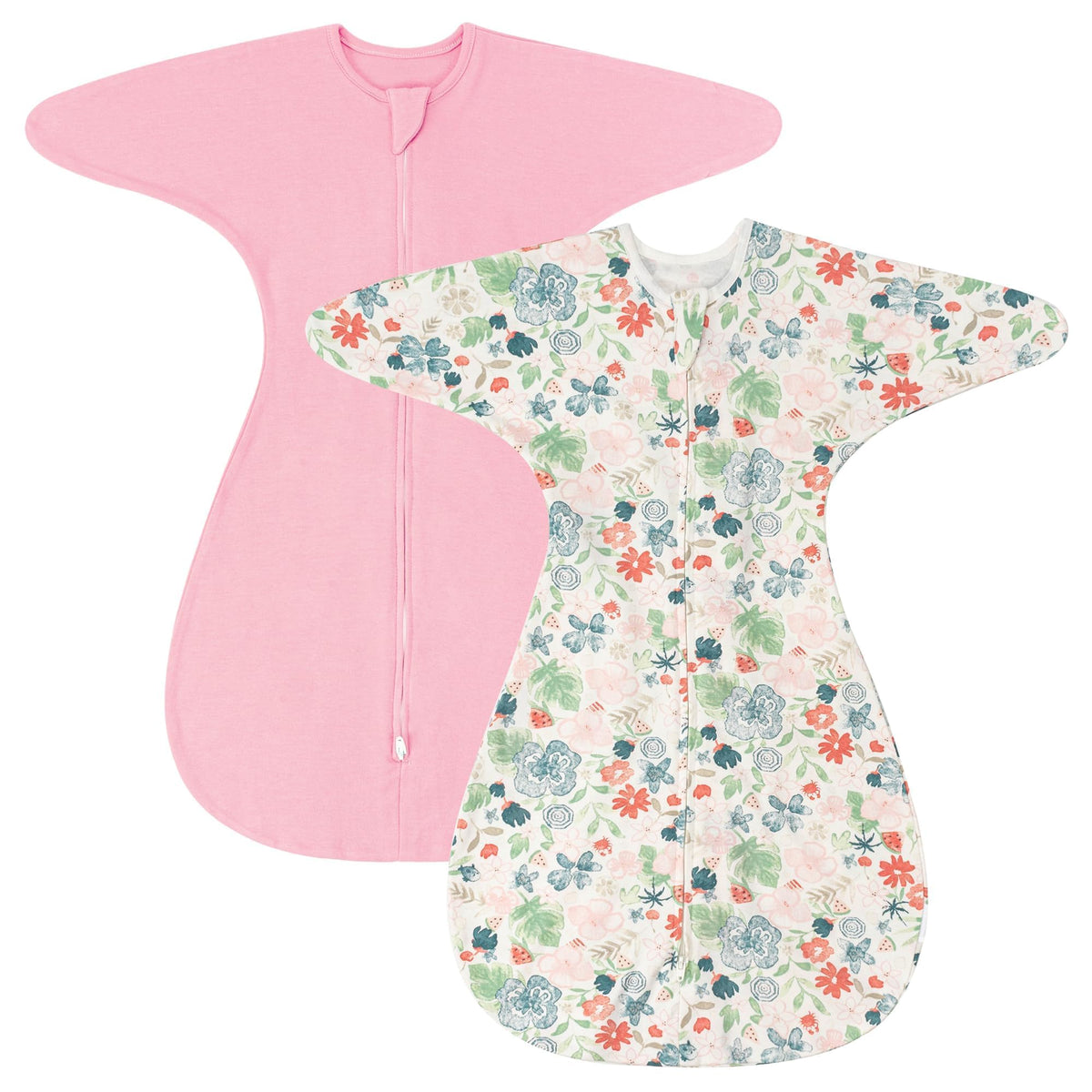 ZIGJOY Shark-Fin Transition Swaddle pink flower front view, cozy all-season comfort.