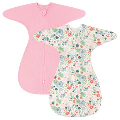 ZIGJOY Shark-Fin Transition Swaddle pink flower front view, cozy all-season comfort.