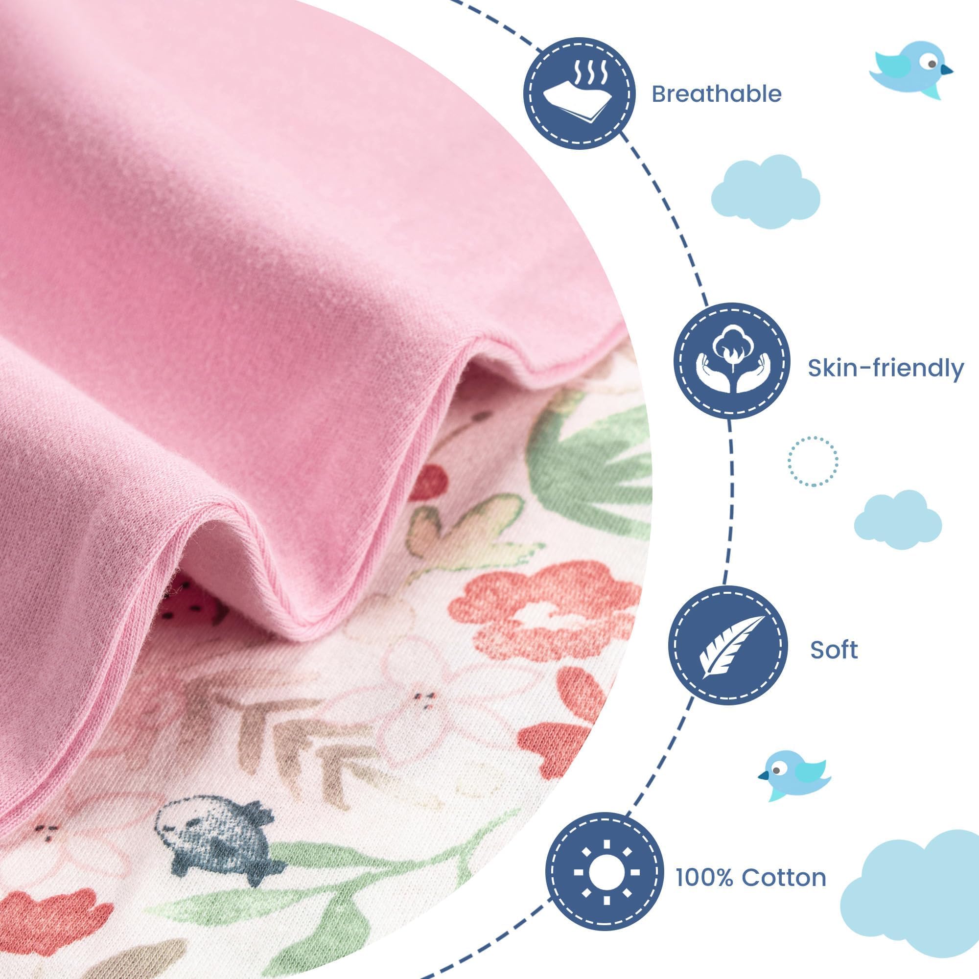 ZIGJOY Shark-Fin Transition Swaddle pink flower side view, breathable cotton for sleep.