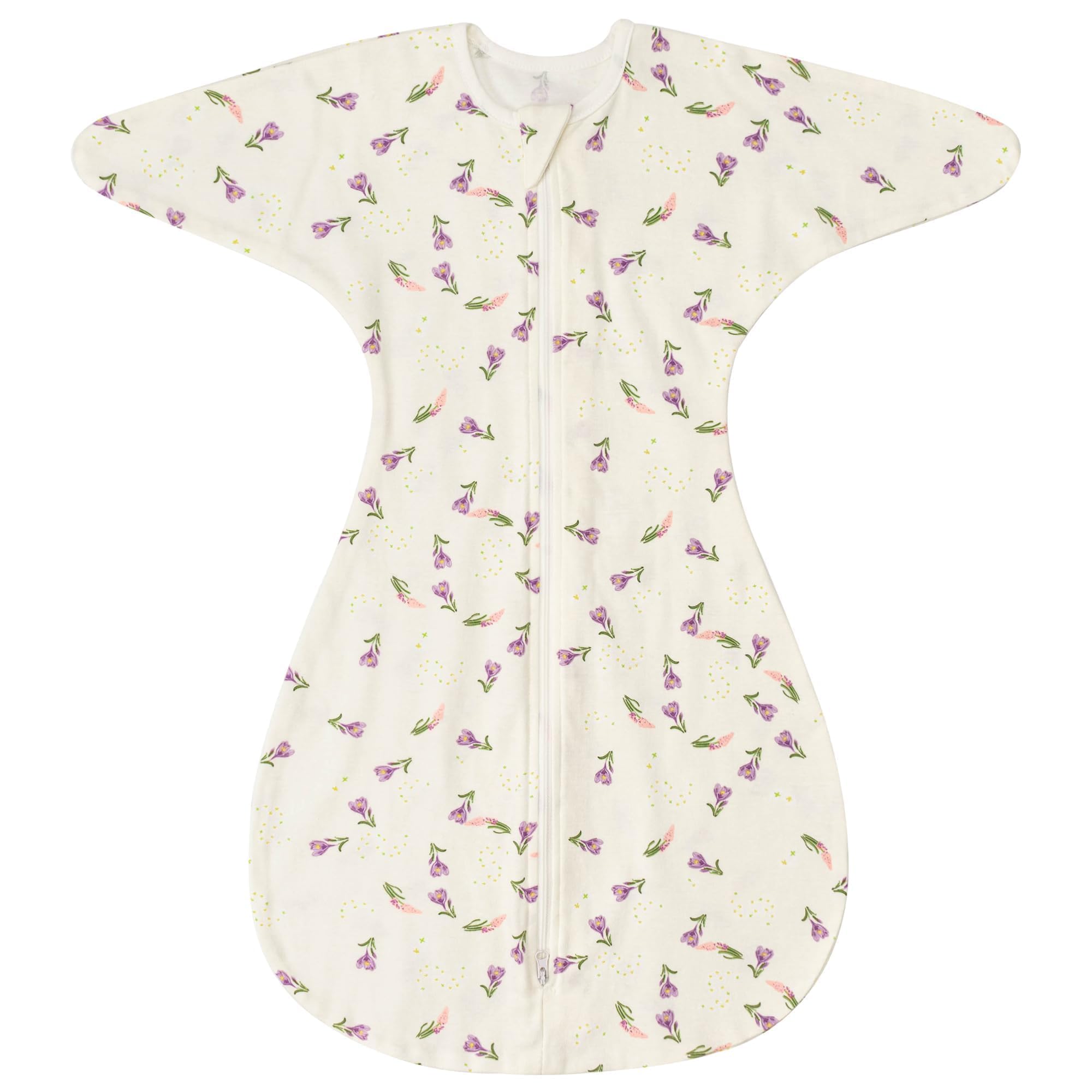 ZIGJOY Shark-Fin Transition Swaddle with purple flower print for soothing sleep.