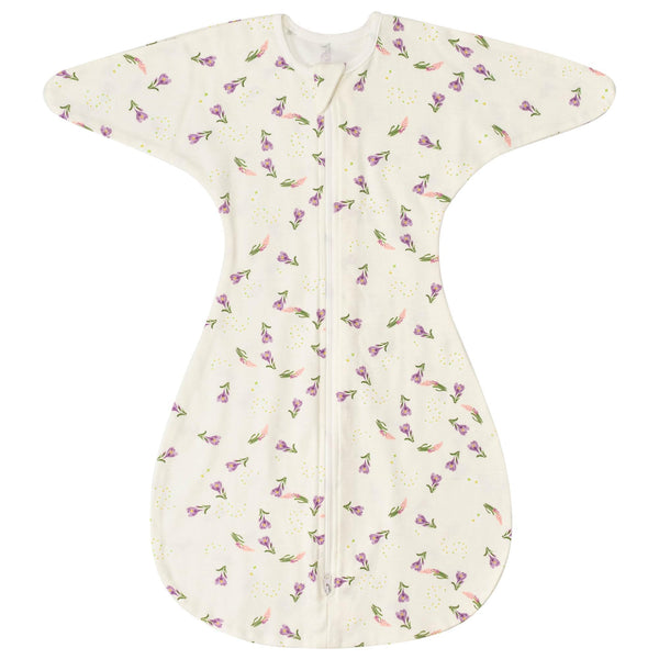 ZIGJOY Shark-Fin Transition Swaddle with purple flower print for soothing sleep.