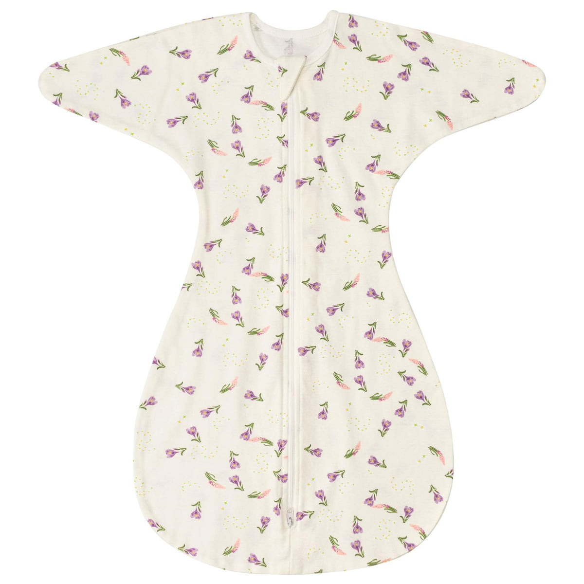 ZIGJOY Shark-Fin Transition Swaddle with purple flower print for soothing sleep.