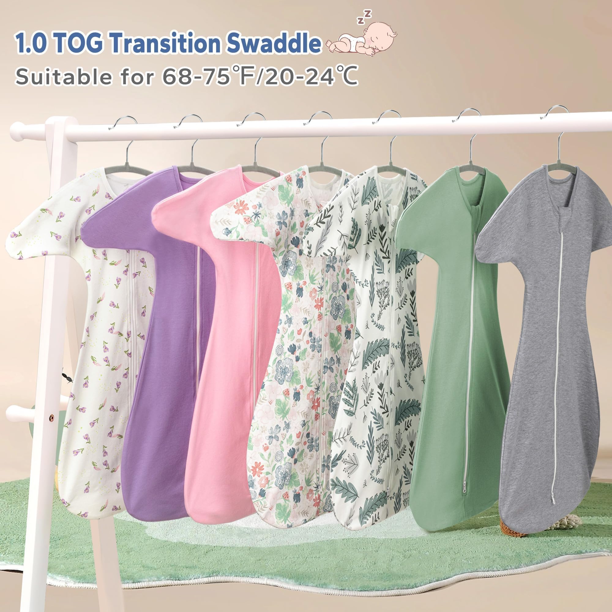 ZIGJOY Shark-Fin Transition Swaddle in use scene, baby snug securely in pink floral design.