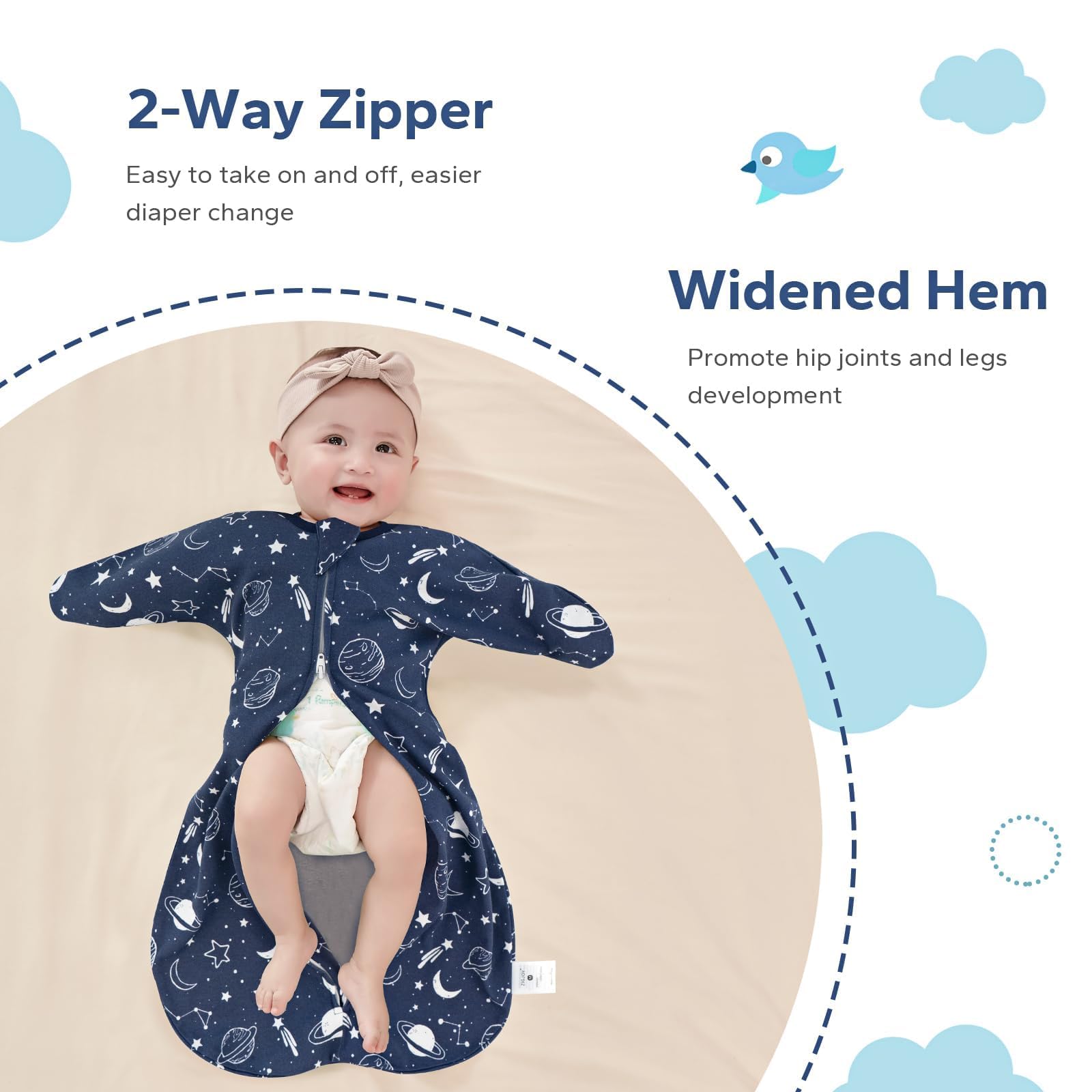 ZIGJOY Shark-Fin transition swaddle widened-hem supports growing hips.
