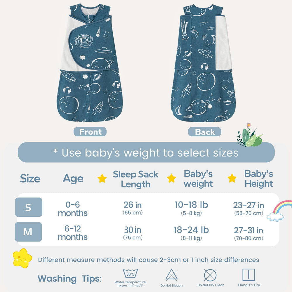 ZIGJOY Sleep Sack Swaddle 1.0 size-chart view highlights growth-friendly options.