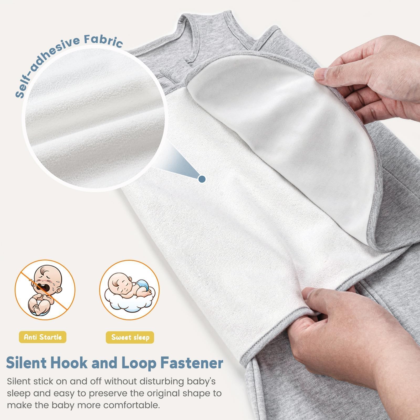 Three swaddling styles including arms in and arms out for flexible sleep setups