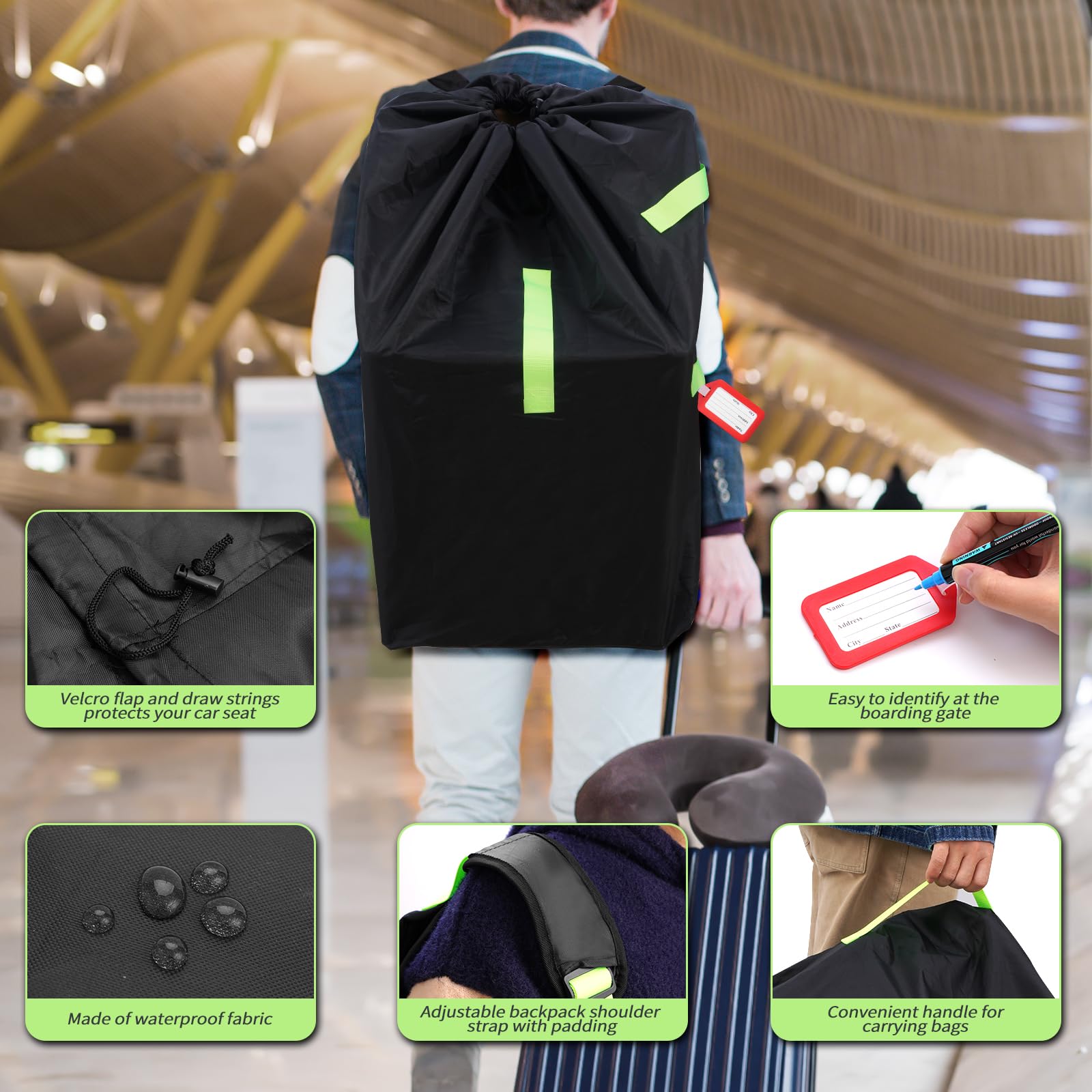 Zihvfzu car seat bag worn as backpack for comfortable airport transport.