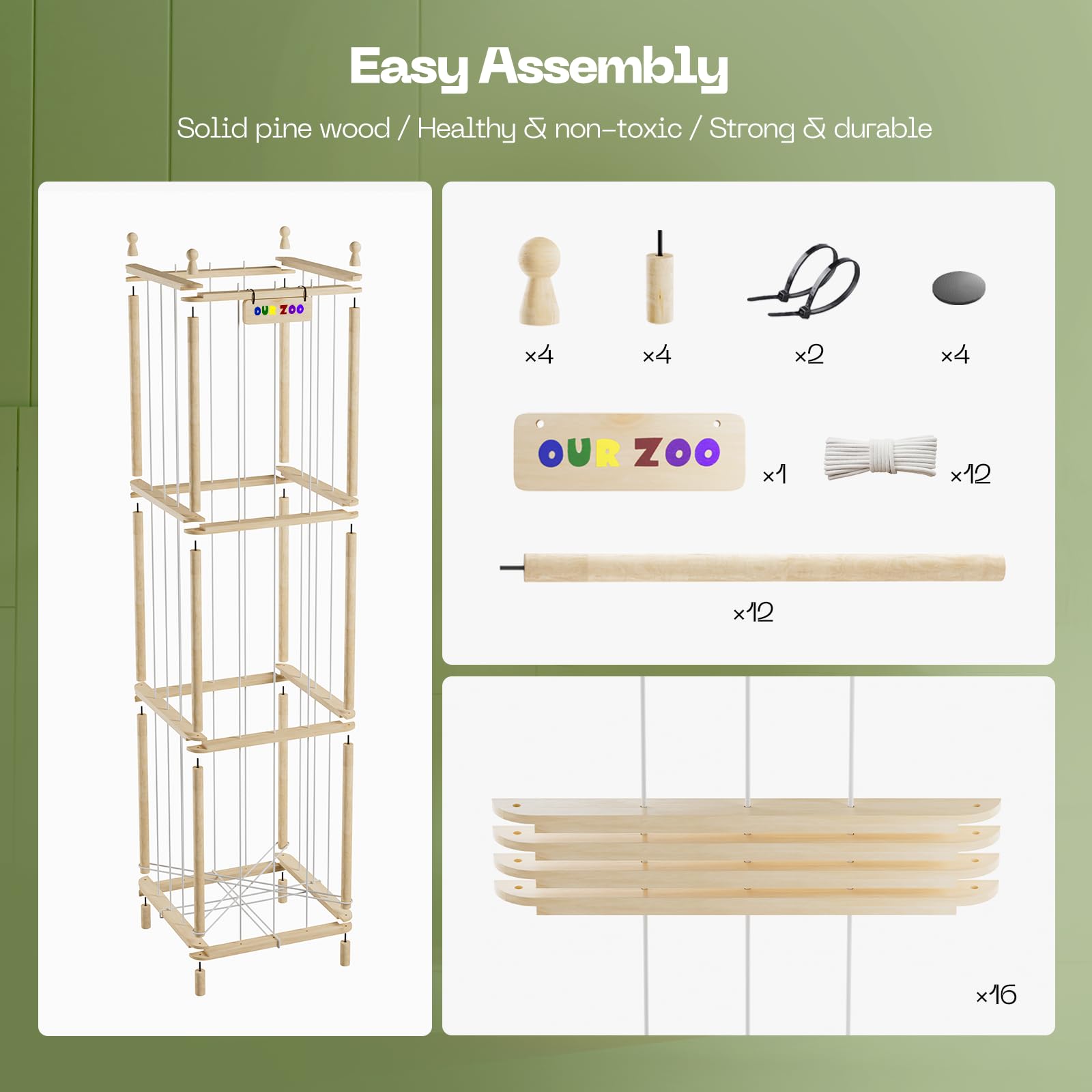 Ziluetar stuffed animal zoo, simple tool-free assembly with brackets and cords.
