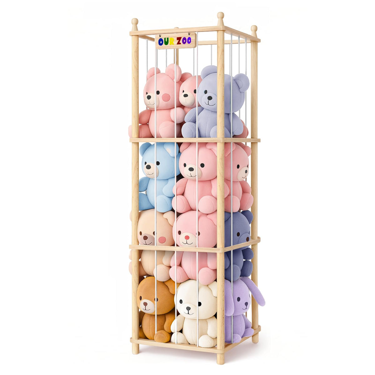 Ziluetar stuffed animal zoo, side view showing compact wood storage for a tidy playroom.