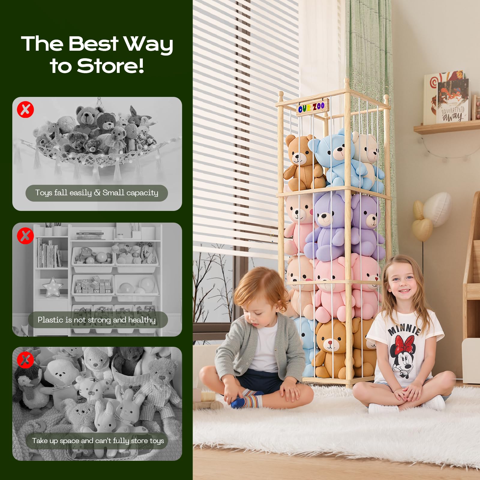 Ziluetar stuffed animal zoo, natural wood finish matching bedrooms and nurseries.