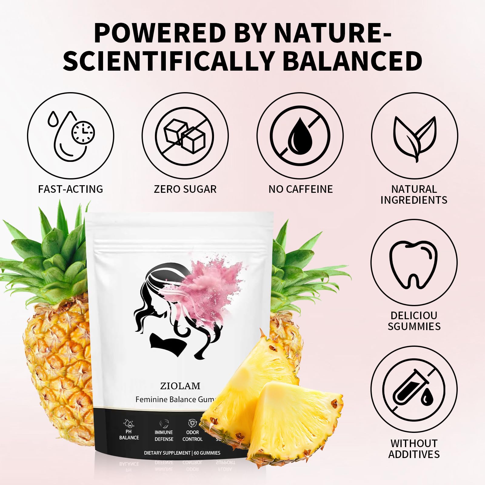 Ingredients panel on Ziolam Feminine Balance Gummies highlighting vitamin C content