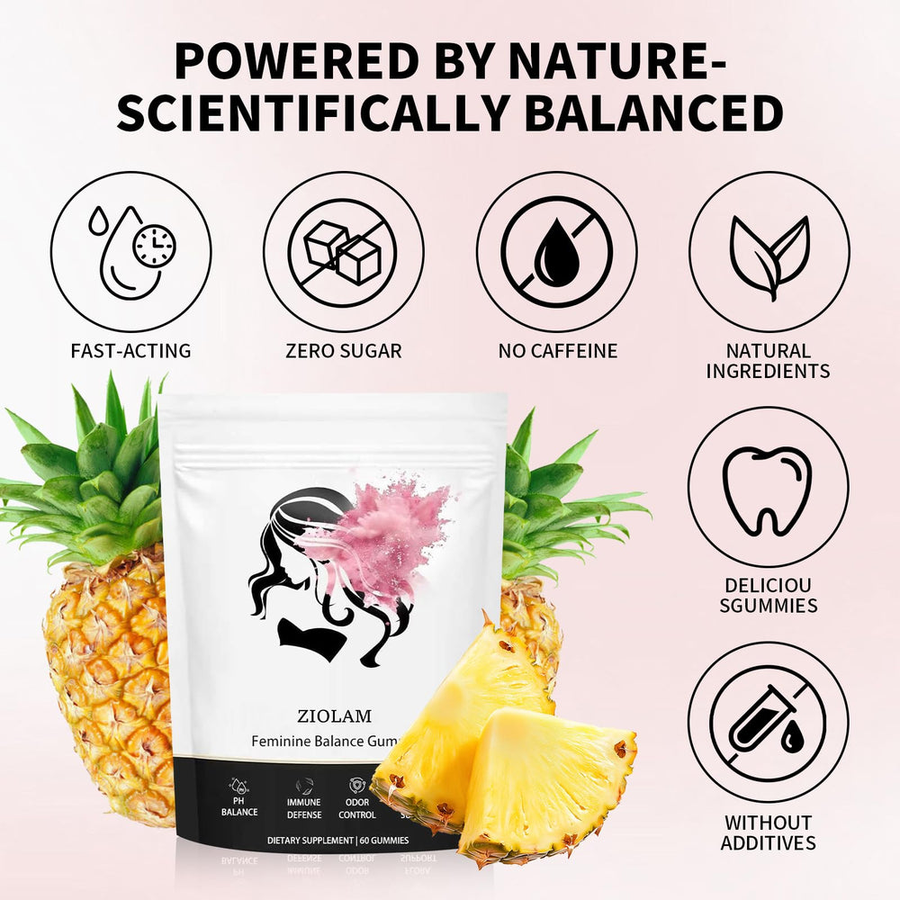 Ingredients panel on Ziolam Feminine Balance Gummies highlighting vitamin C content