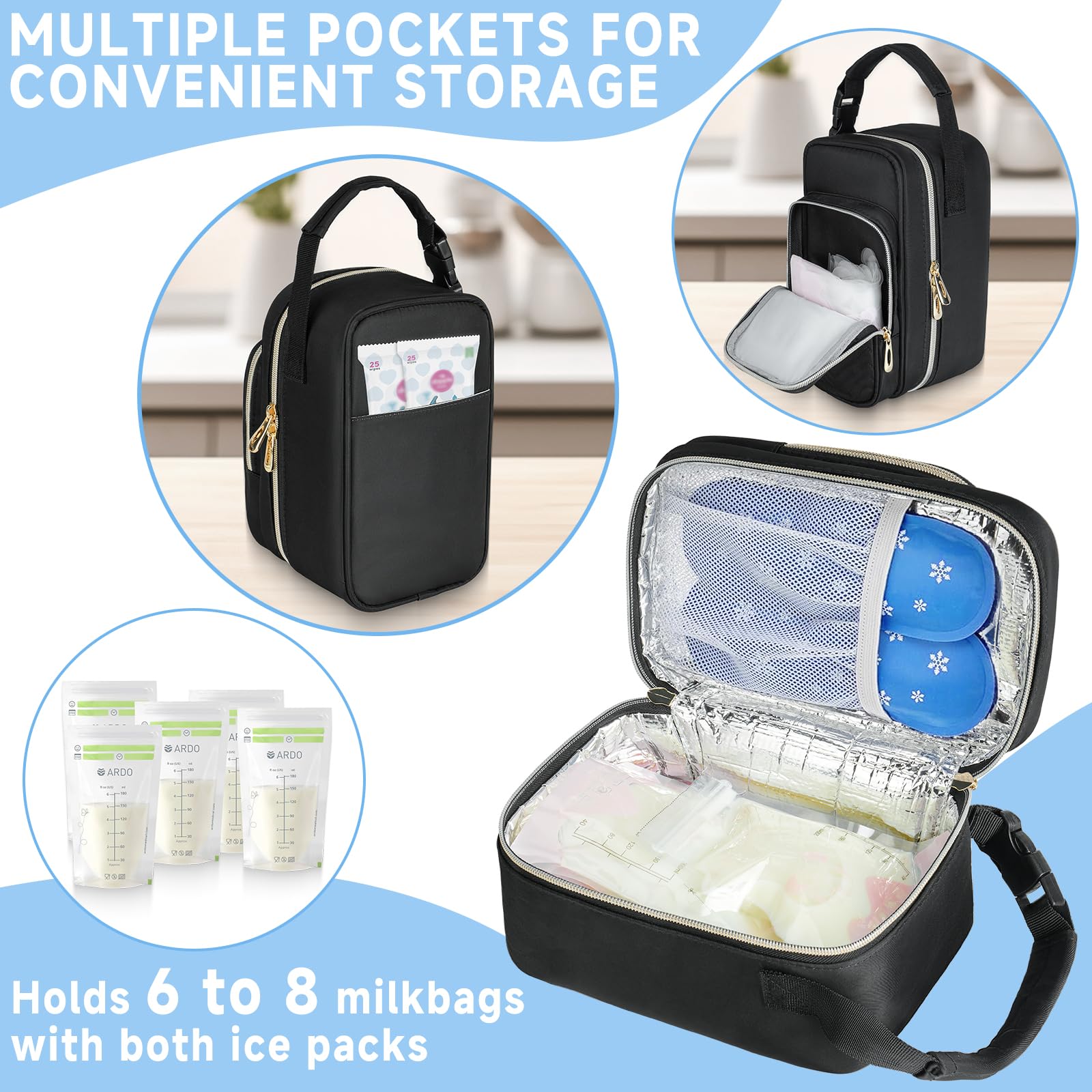 ZIOZERTT cooler bag side pocket for unused milk bags and accessories