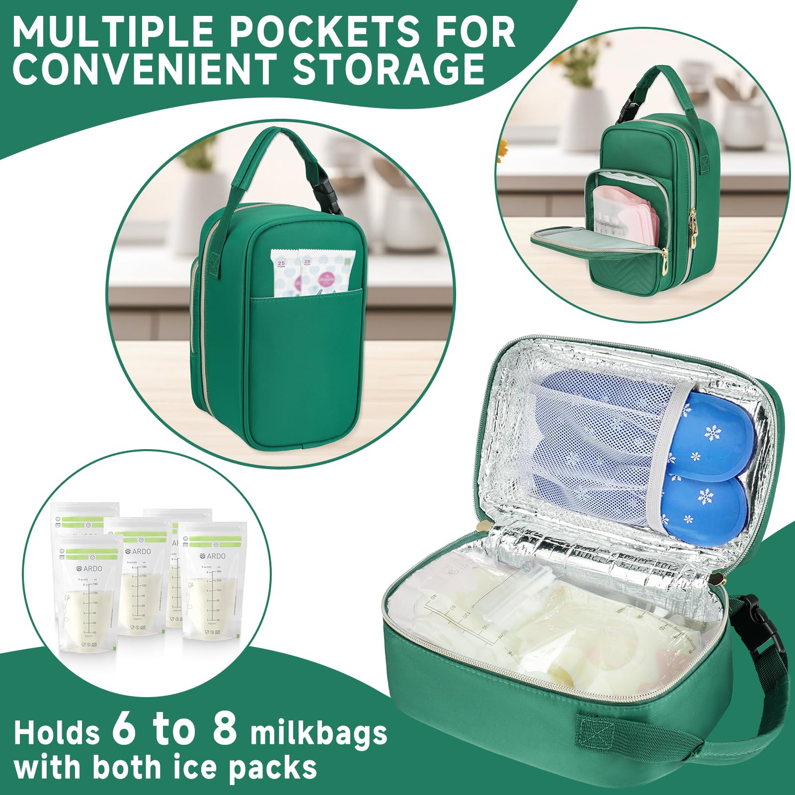 ZIOZERTT breastmilk cooler bag front pocket stores extra bags and nursing pads.
